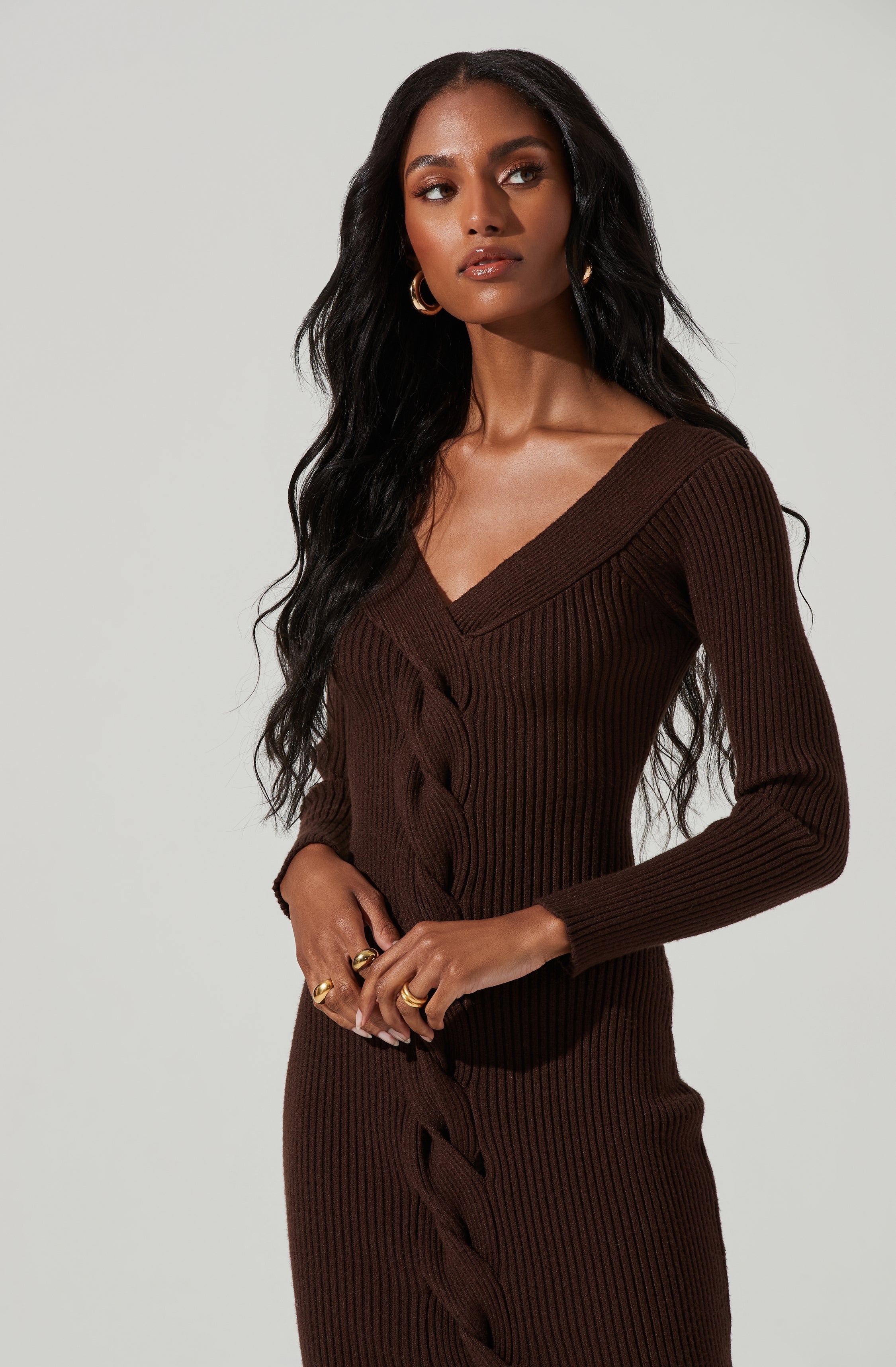 Vesper Ribbed Knit Sweater Midi Dress-Aljck