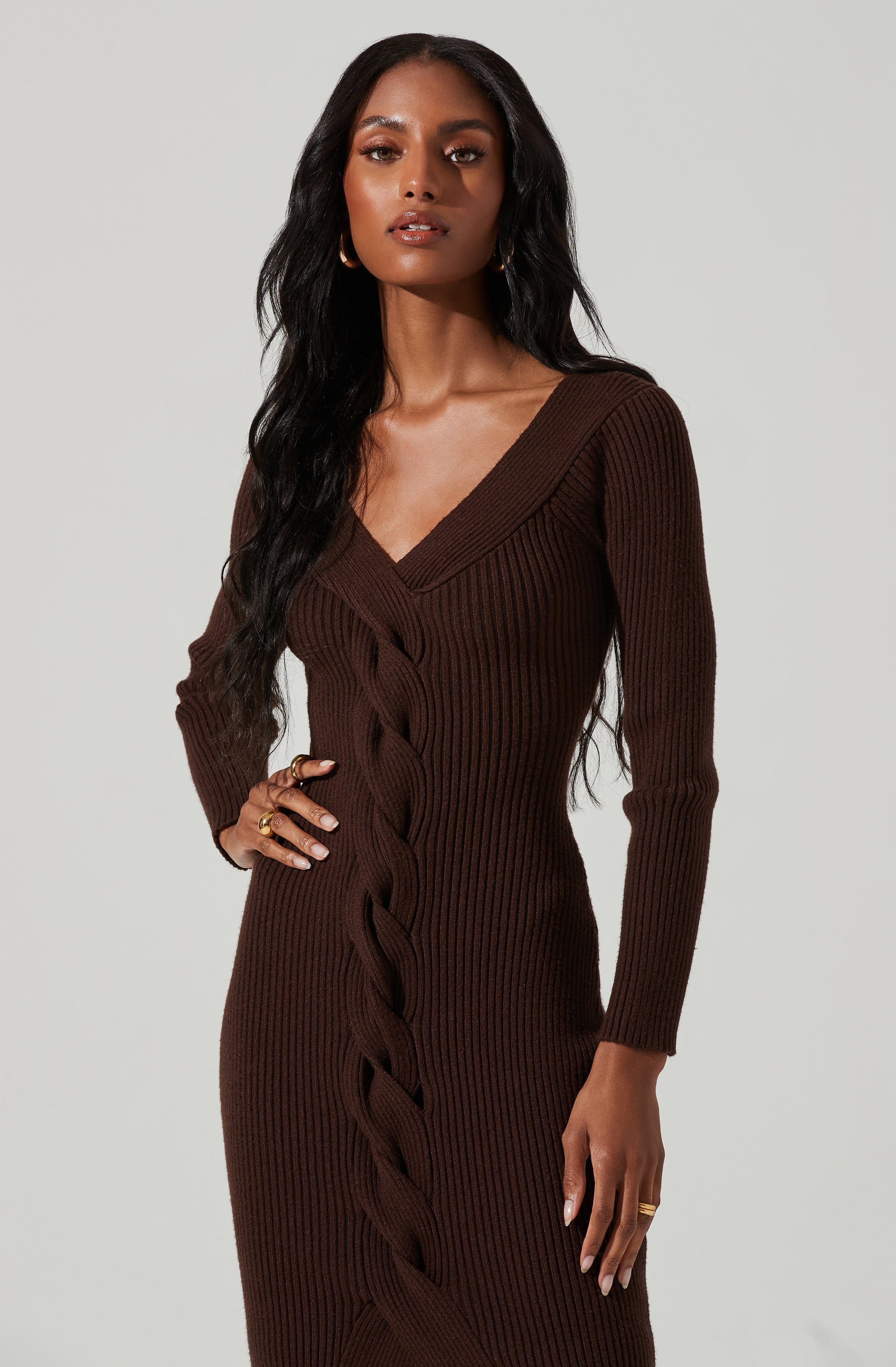 Vesper Ribbed Knit Sweater Midi Dress-Aljck