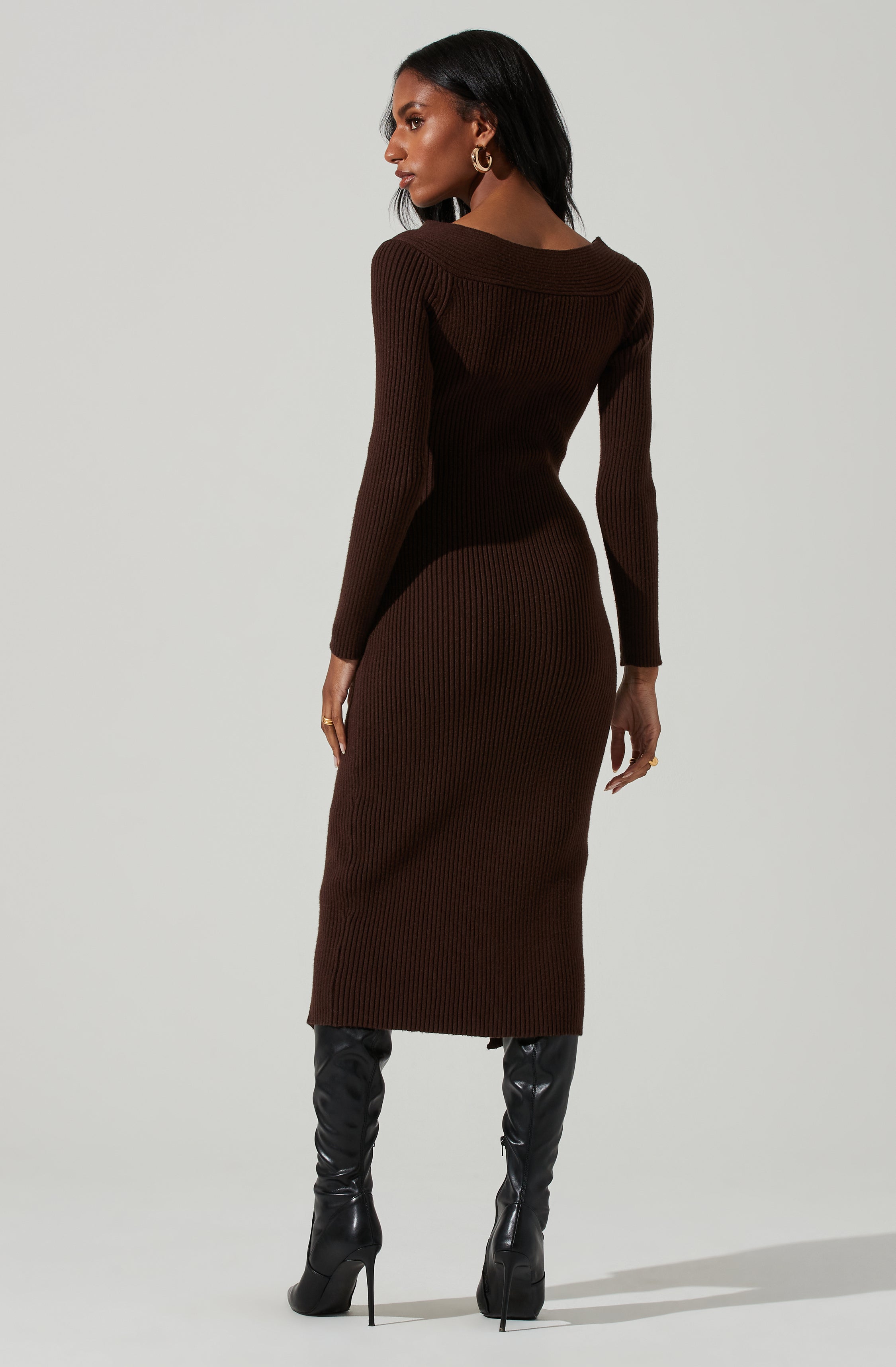 Vesper Ribbed Knit Sweater Midi Dress-Aljck
