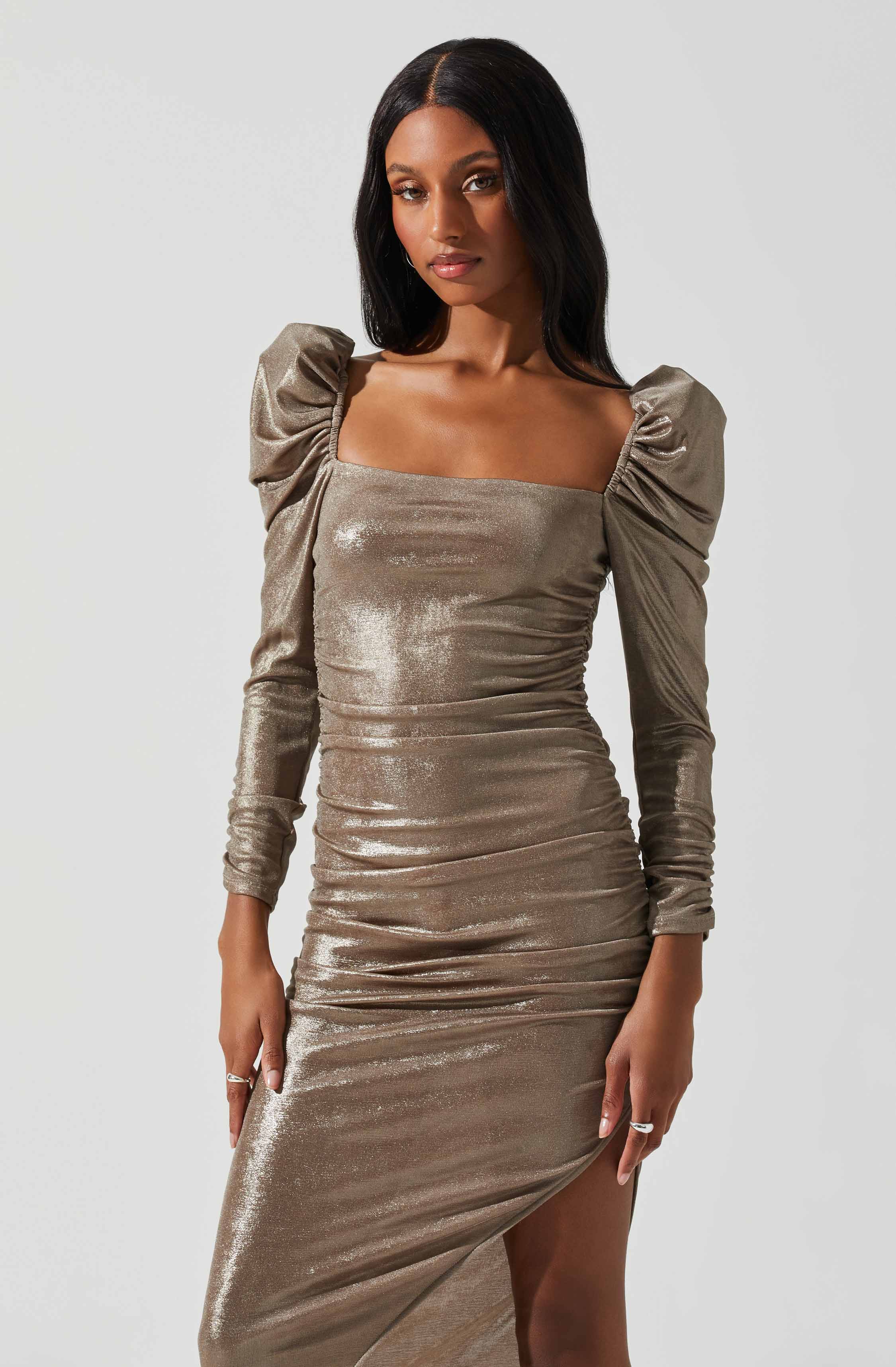 Vanozza Metallic Long Sleeve Midi Dress-Aljck