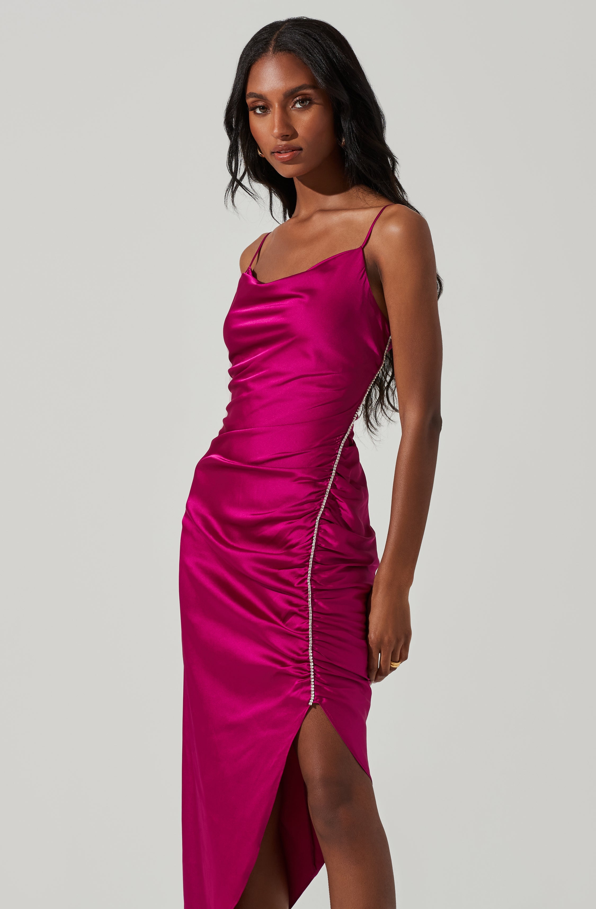Anika Satin Rhinestone Embellished Midi Dress-Aljck