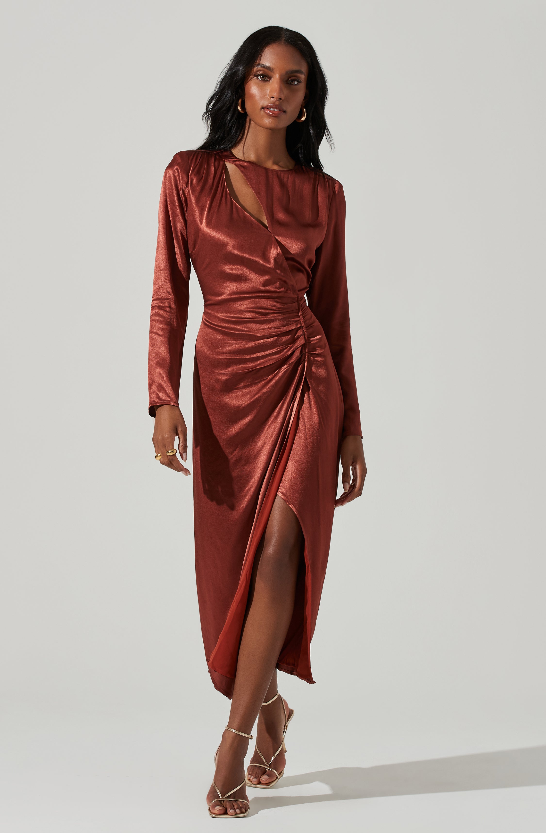 Mariposa Satin Ruched Cutout Midi Dress-Aljck
