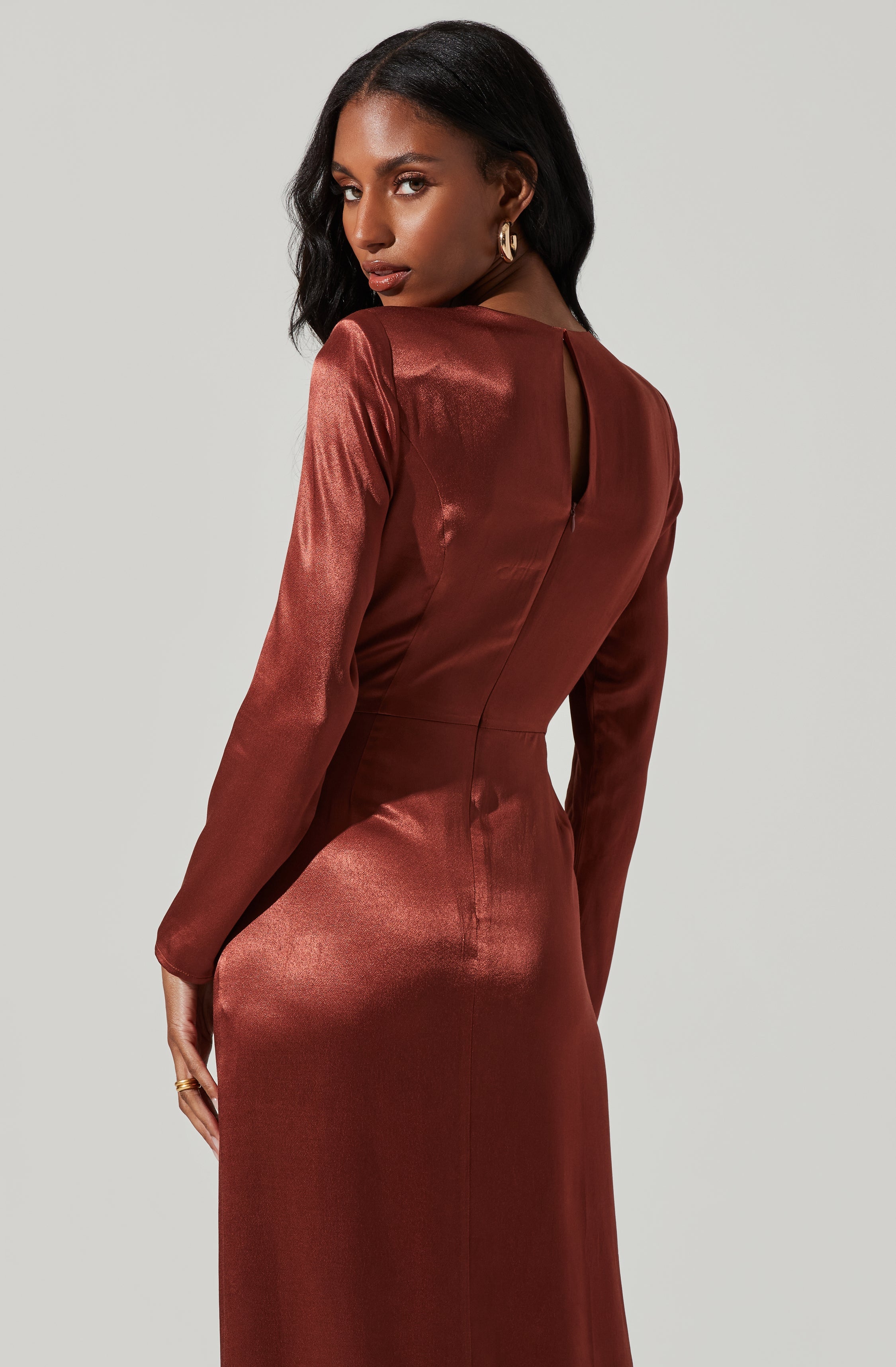 Mariposa Satin Ruched Cutout Midi Dress-Aljck