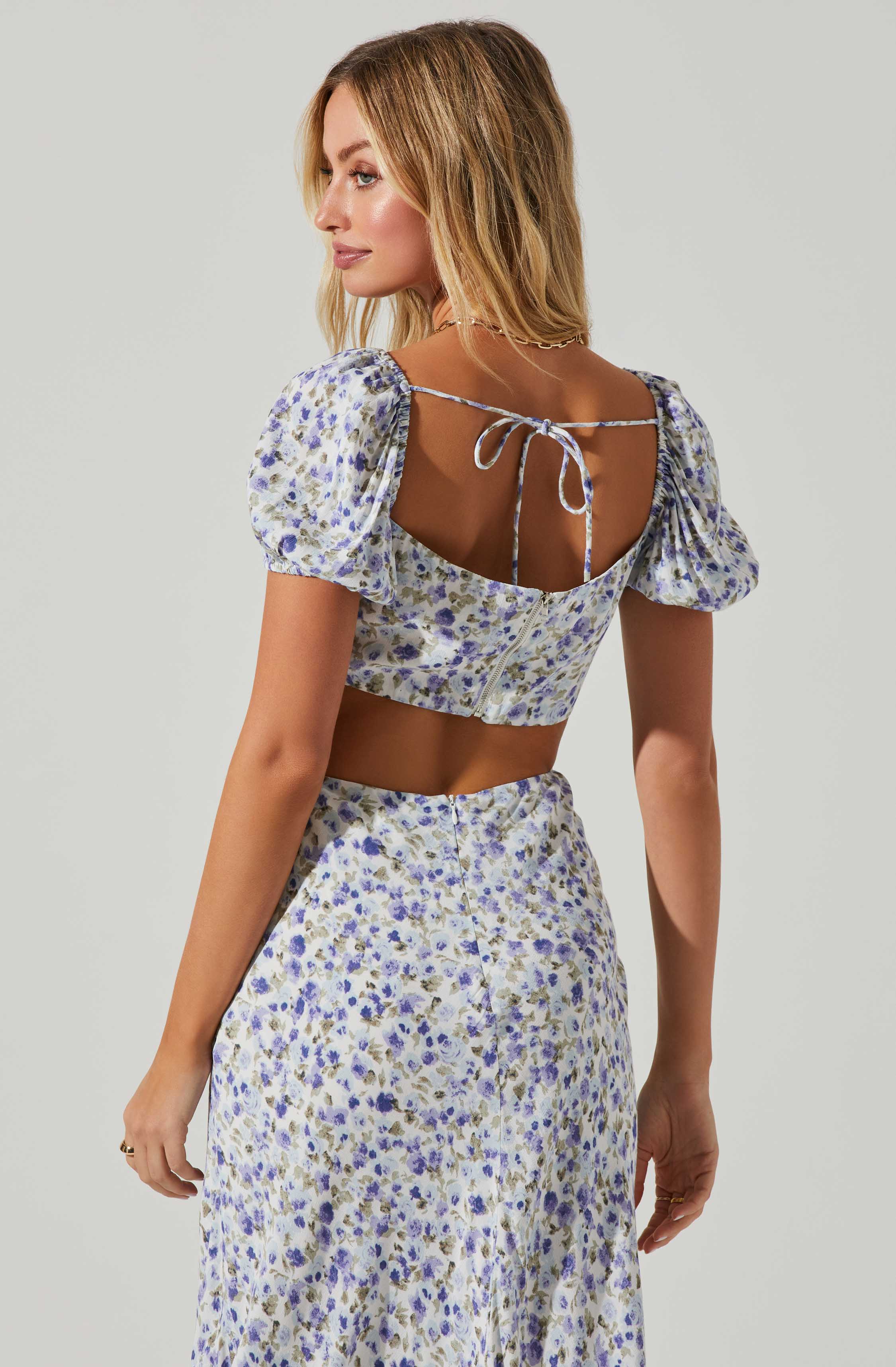 Posie Floral Cutout Puff Sleeve Midi Dress-Aljck