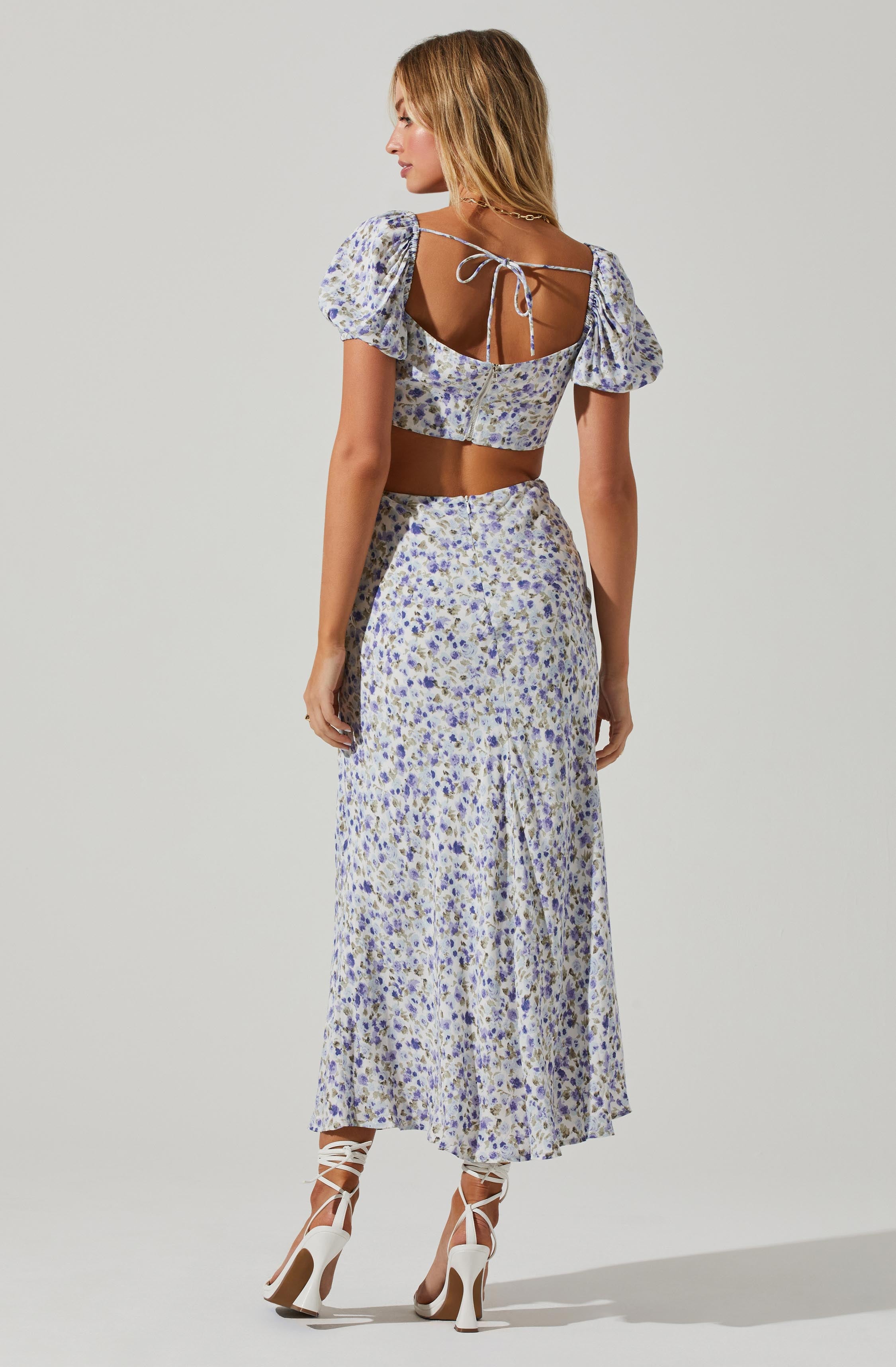 Posie Floral Cutout Puff Sleeve Midi Dress-Aljck