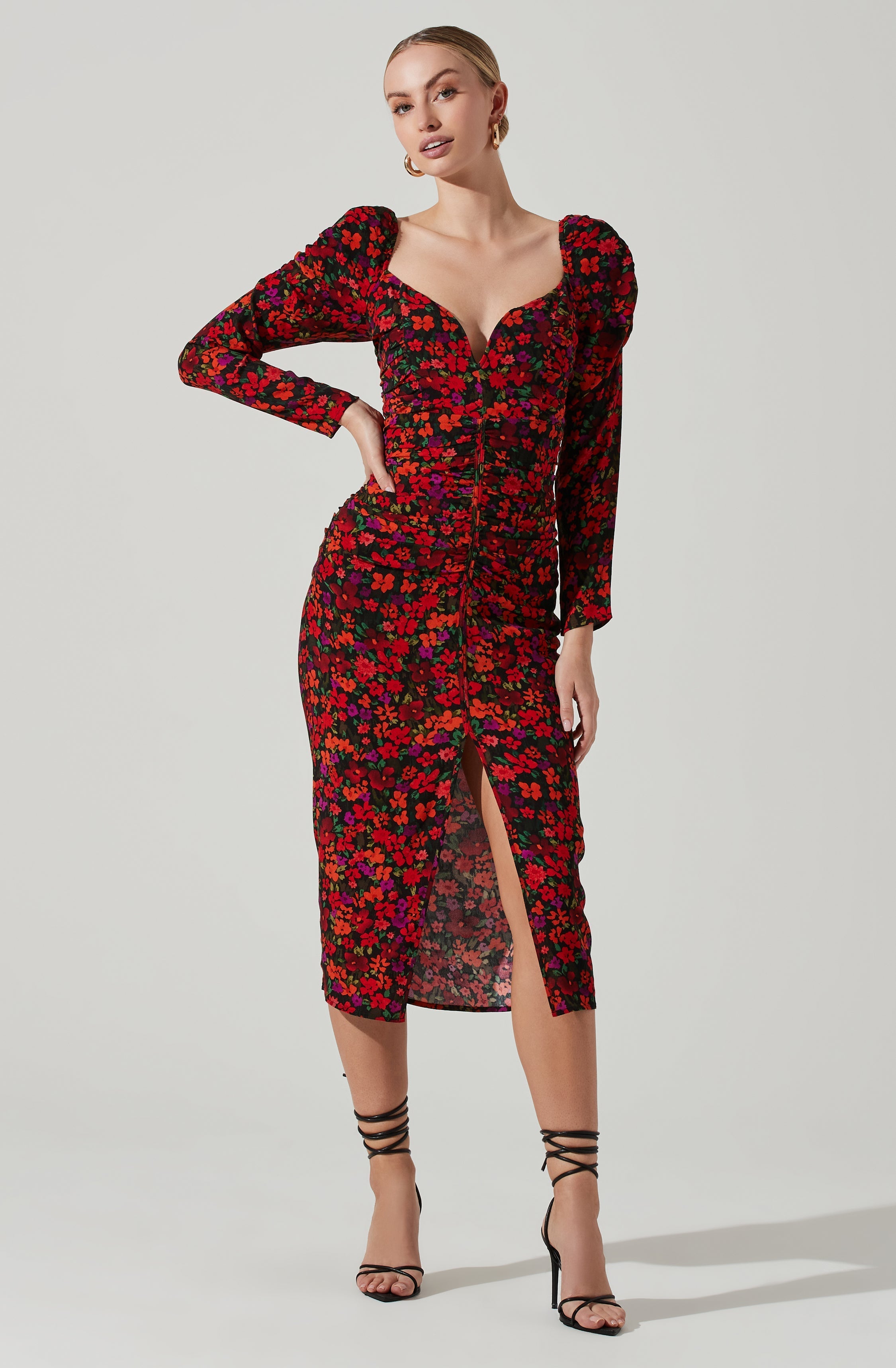 Jamila Floral Sweetheart Neck Midi Dress-Aljck