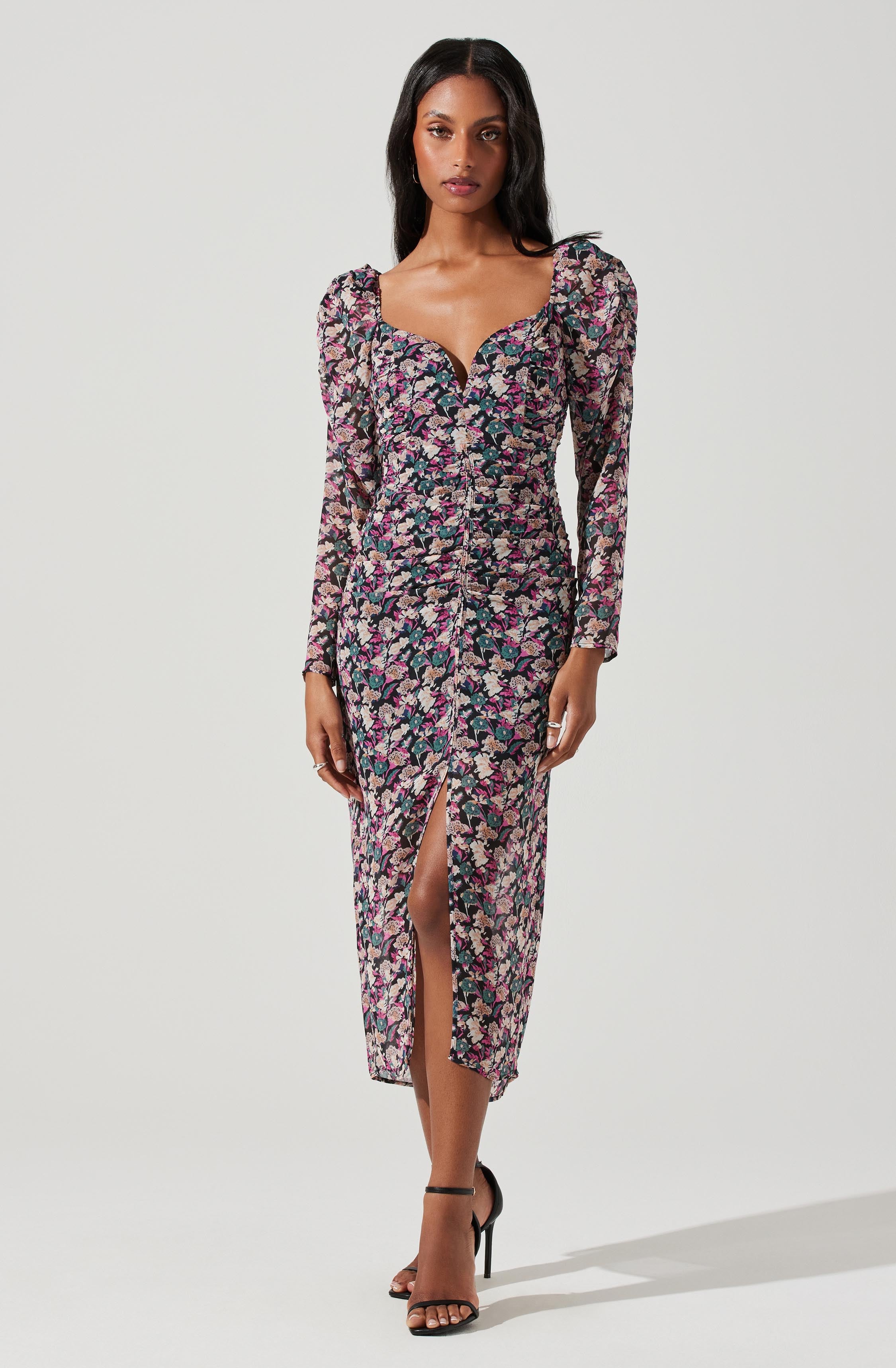 Jamila Floral Sweetheart Neck Midi Dress-Aljck