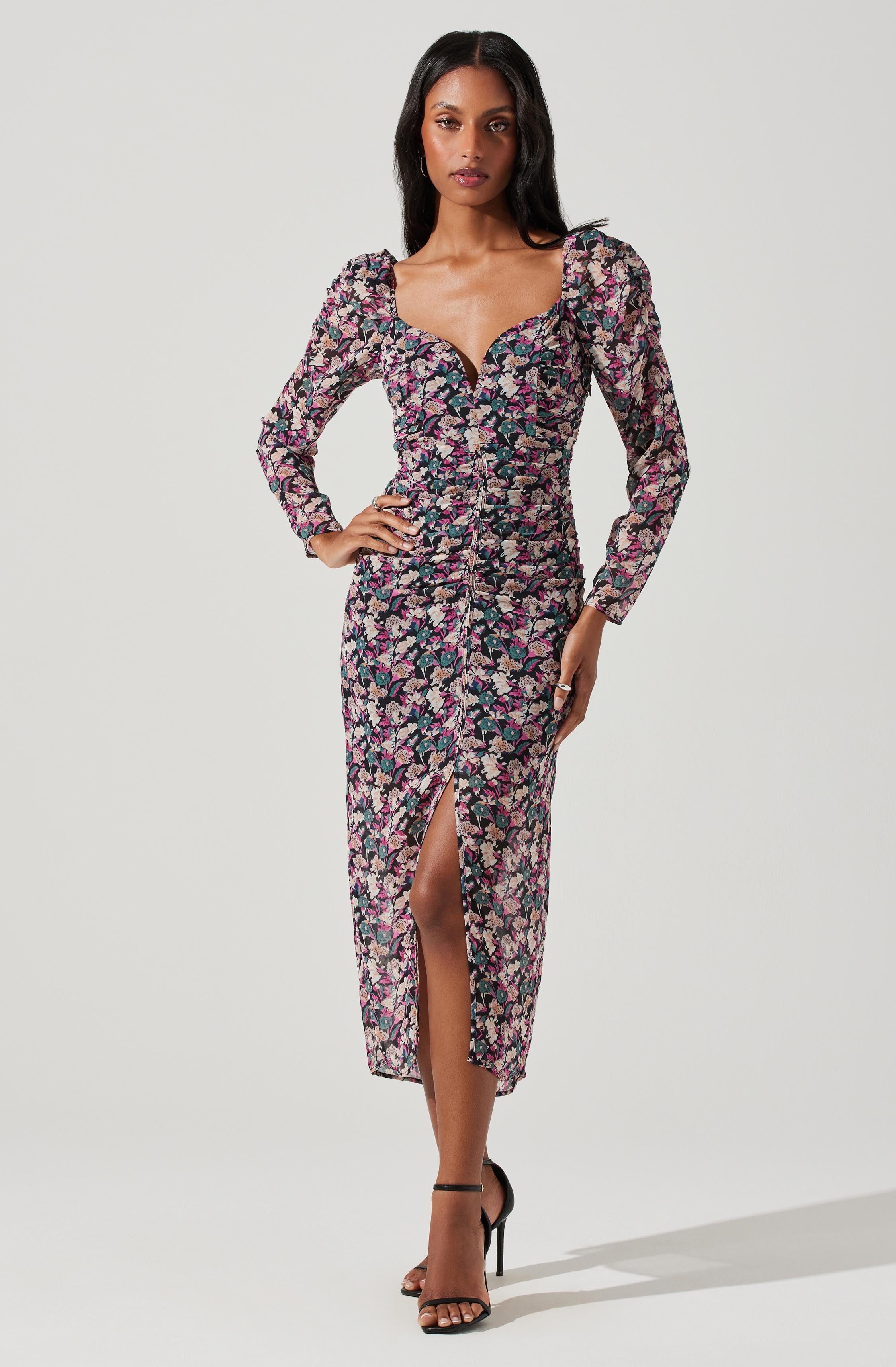 Jamila Floral Sweetheart Neck Midi Dress-Aljck