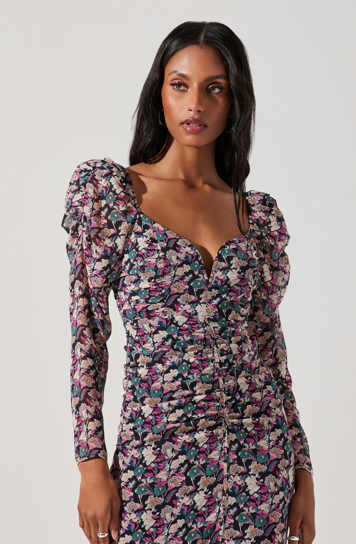 Jamila Floral Sweetheart Neck Midi Dress-Aljck