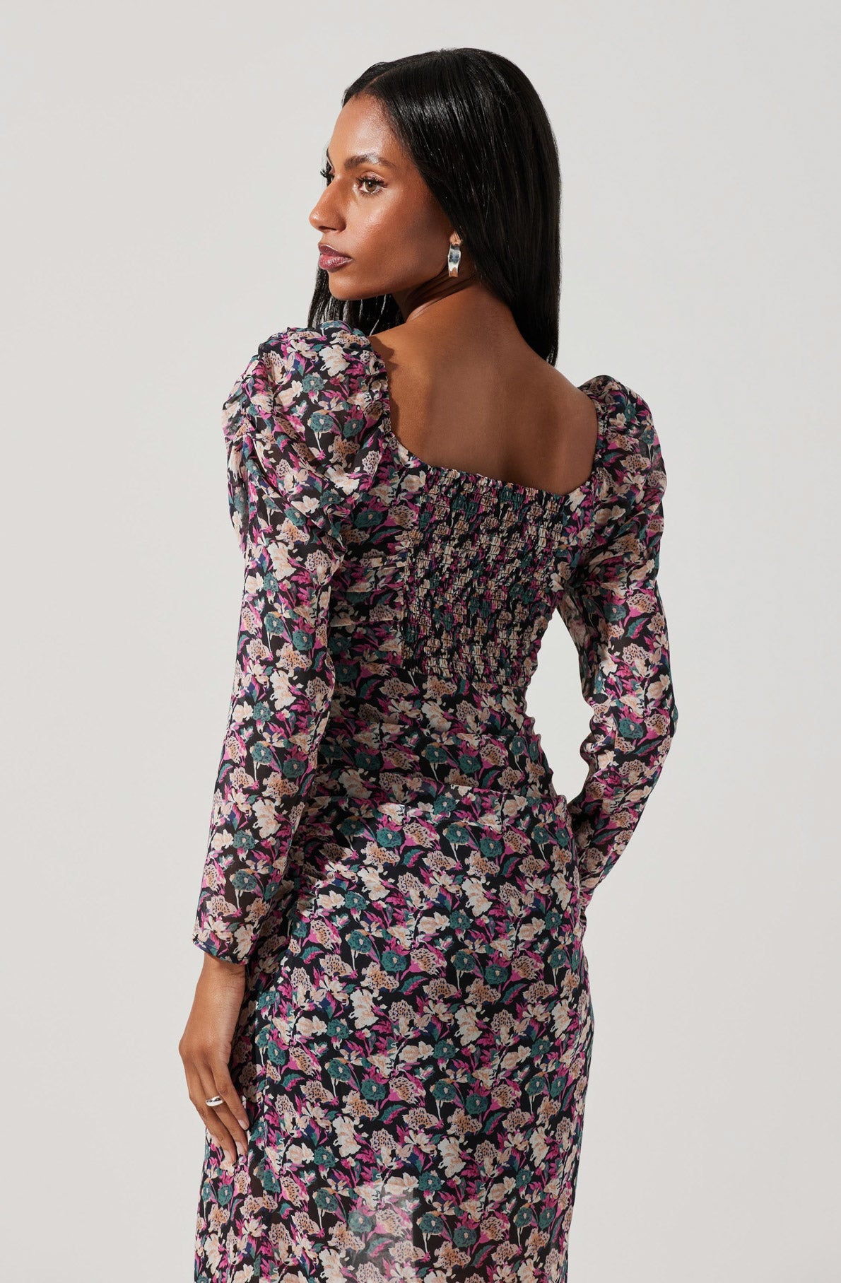 Jamila Floral Sweetheart Neck Midi Dress-Aljck