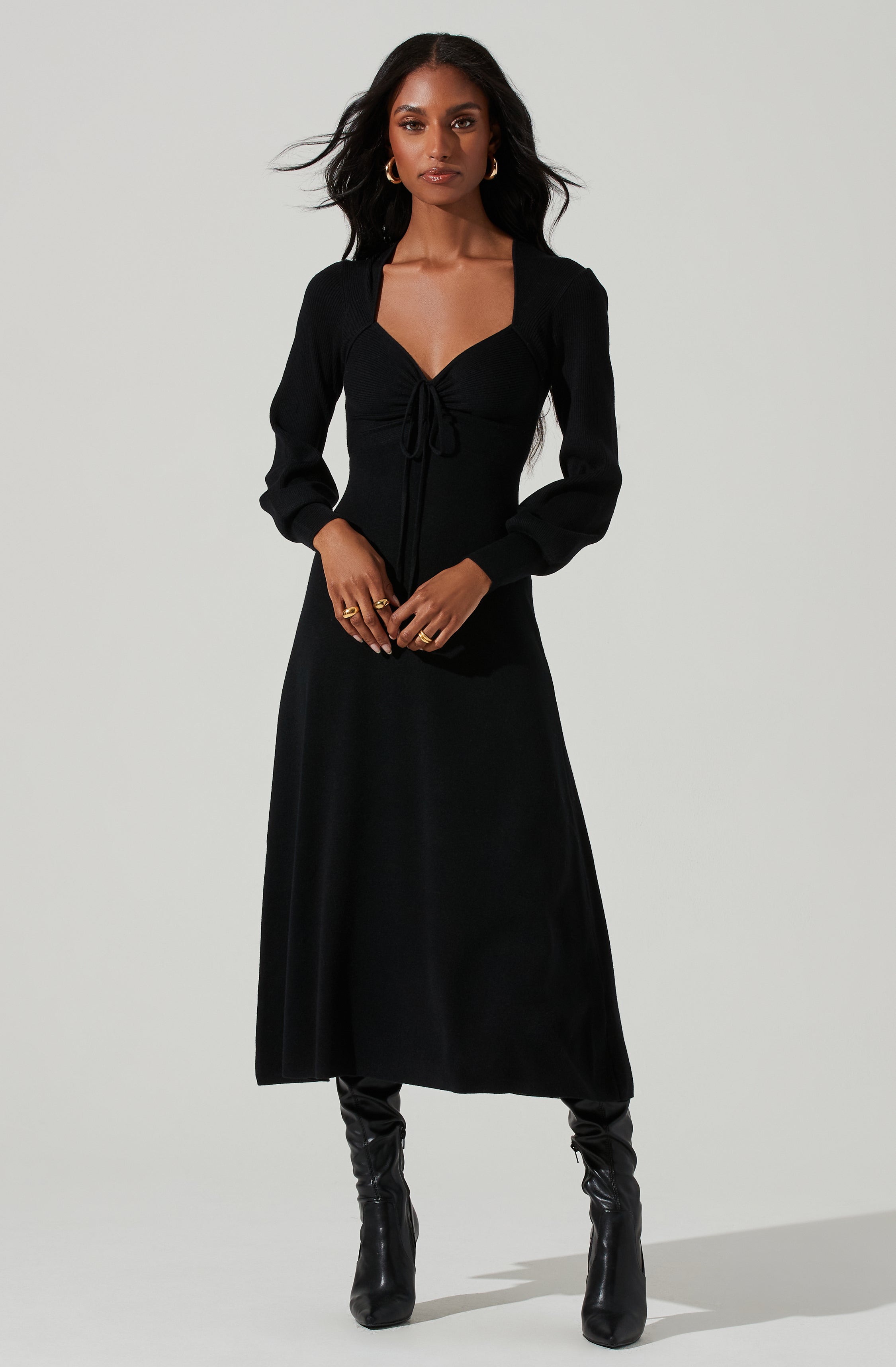 Genevieve Knit Sweetheart Long Sleeve Midi Dress-Aljck