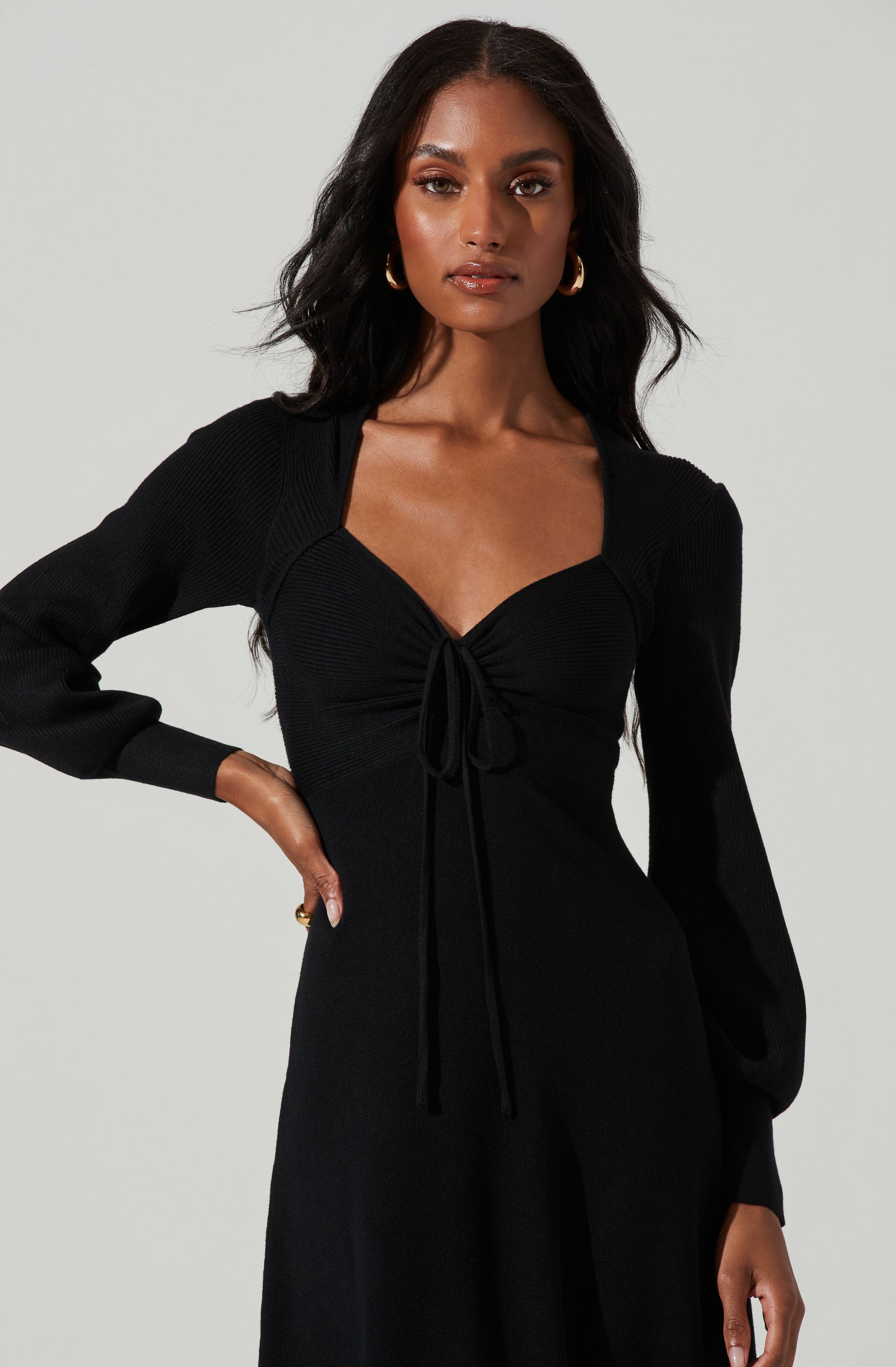 Genevieve Knit Sweetheart Long Sleeve Midi Dress-Aljck
