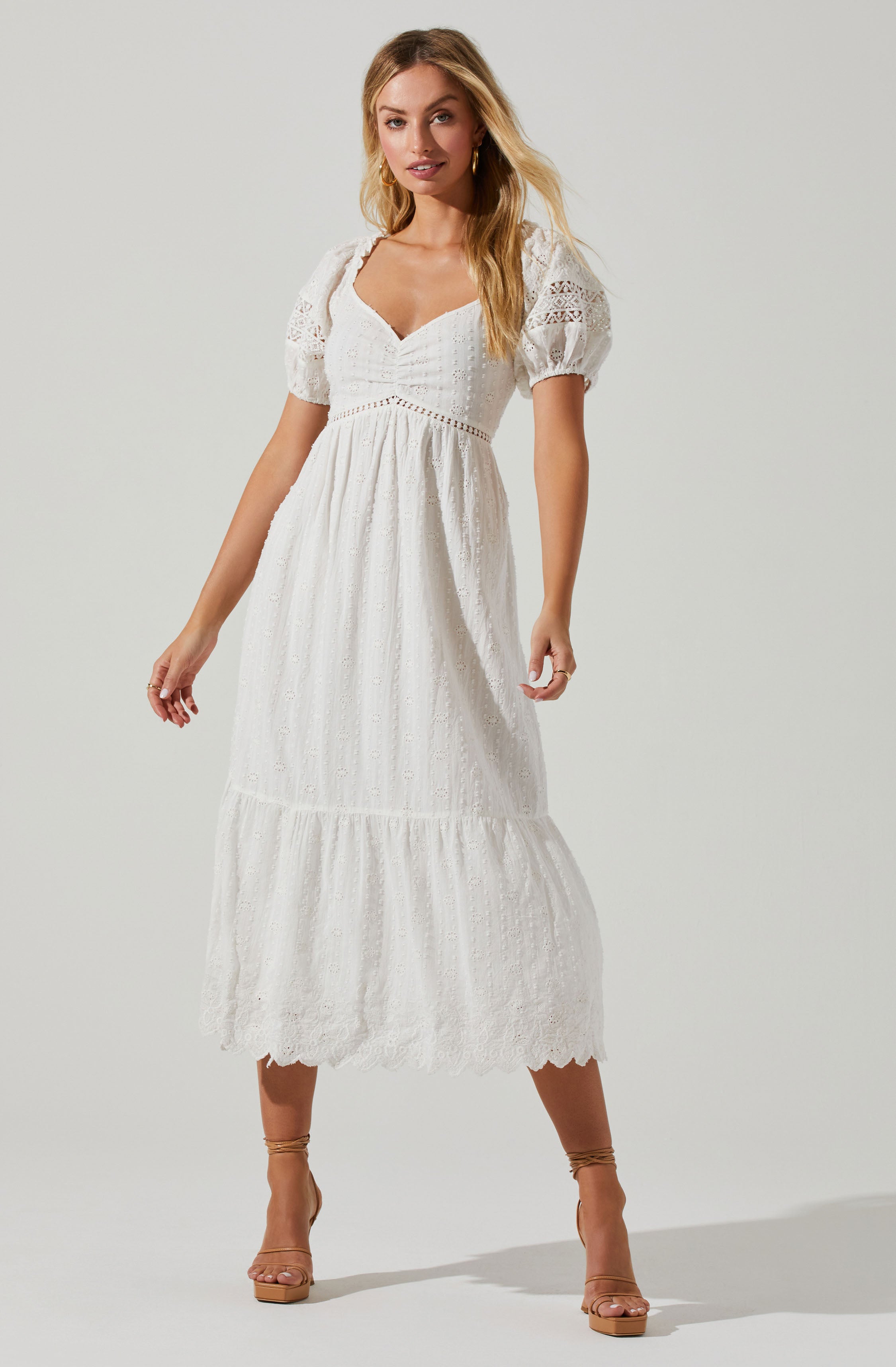 Itzel Eyelet Puff Sleeve Midi Dress-Aljck