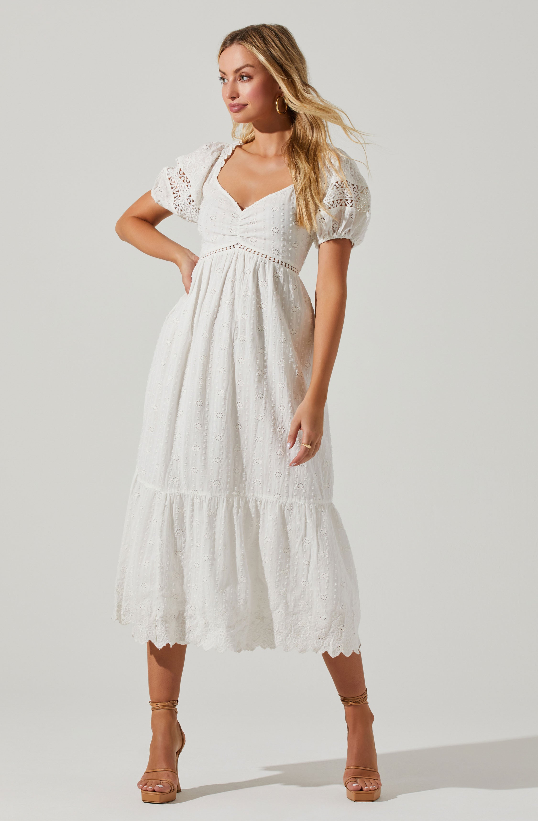 Itzel Eyelet Puff Sleeve Midi Dress-Aljck