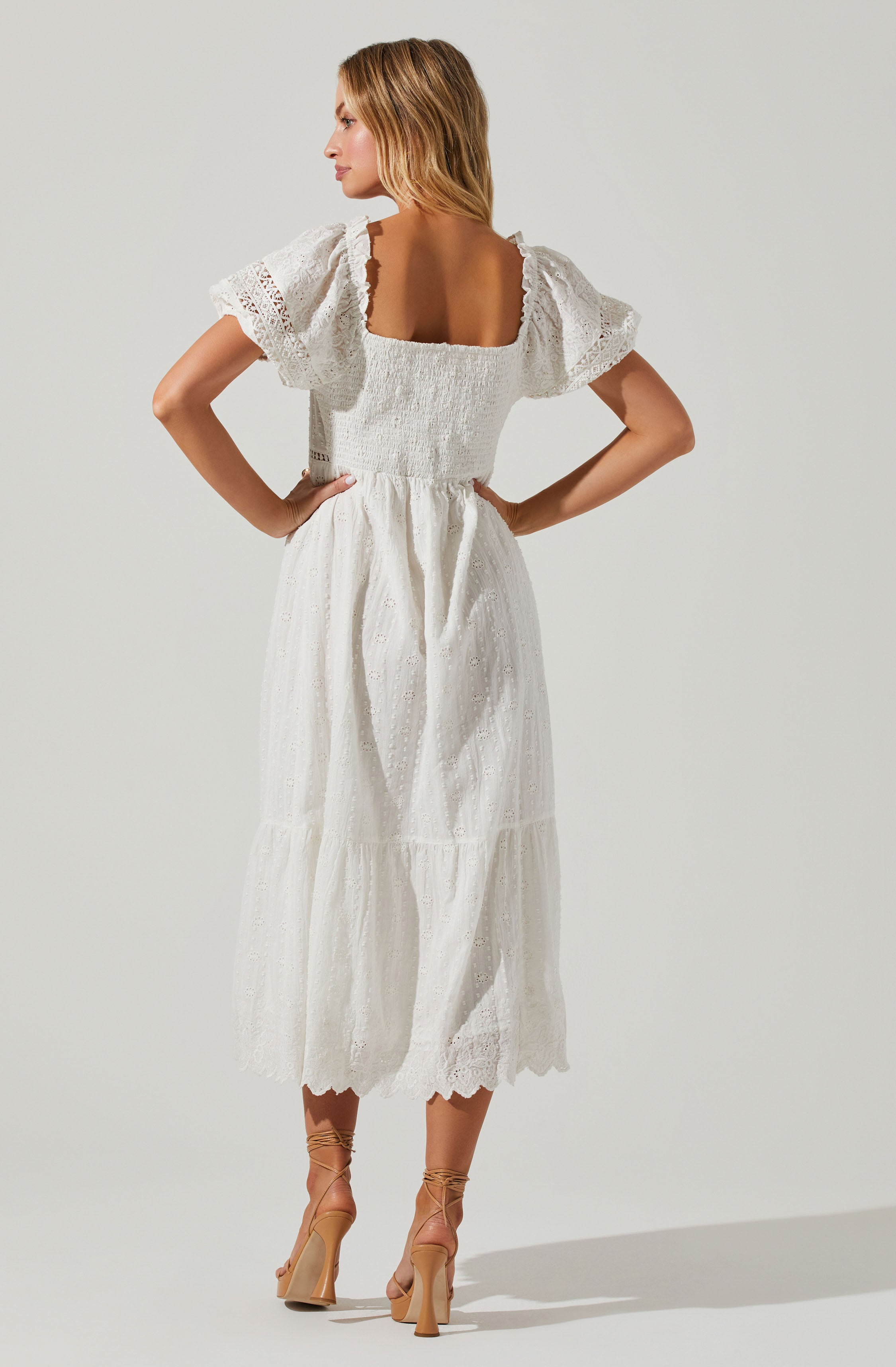 Itzel Eyelet Puff Sleeve Midi Dress-Aljck