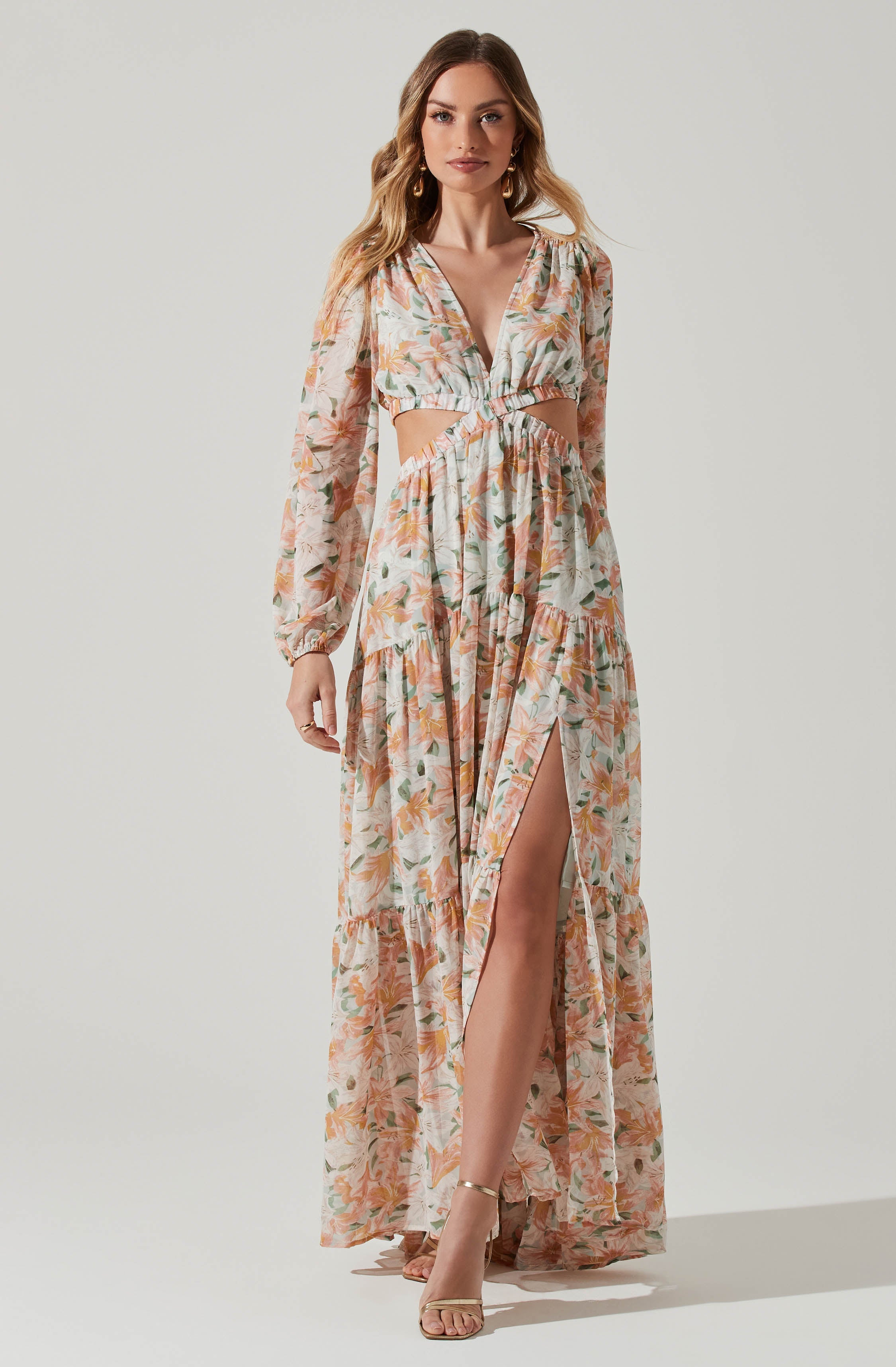 Lively Floral Cutout Long Sleeve Maxi Dress-Aljck