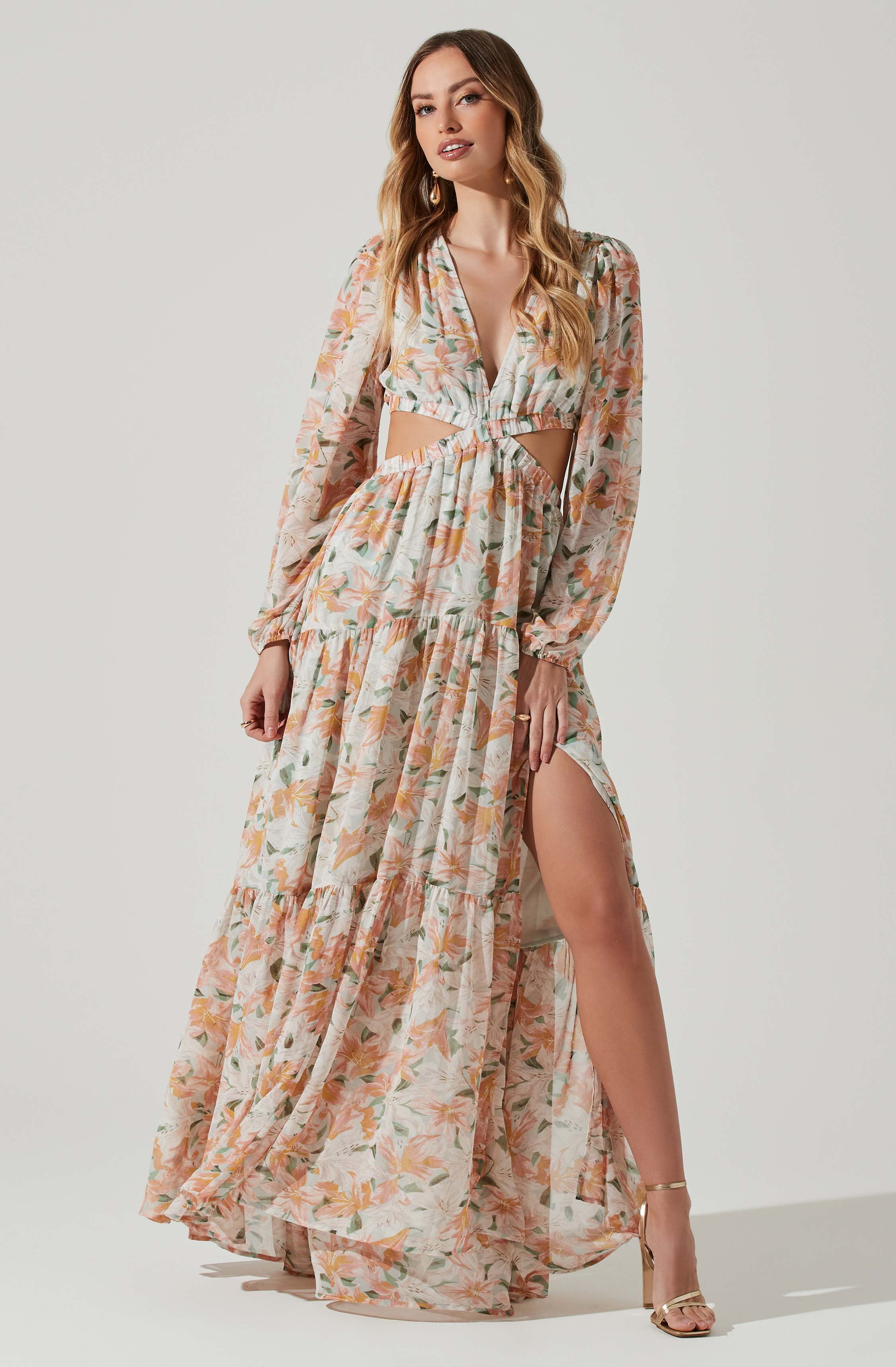 Lively Floral Cutout Long Sleeve Maxi Dress-Aljck