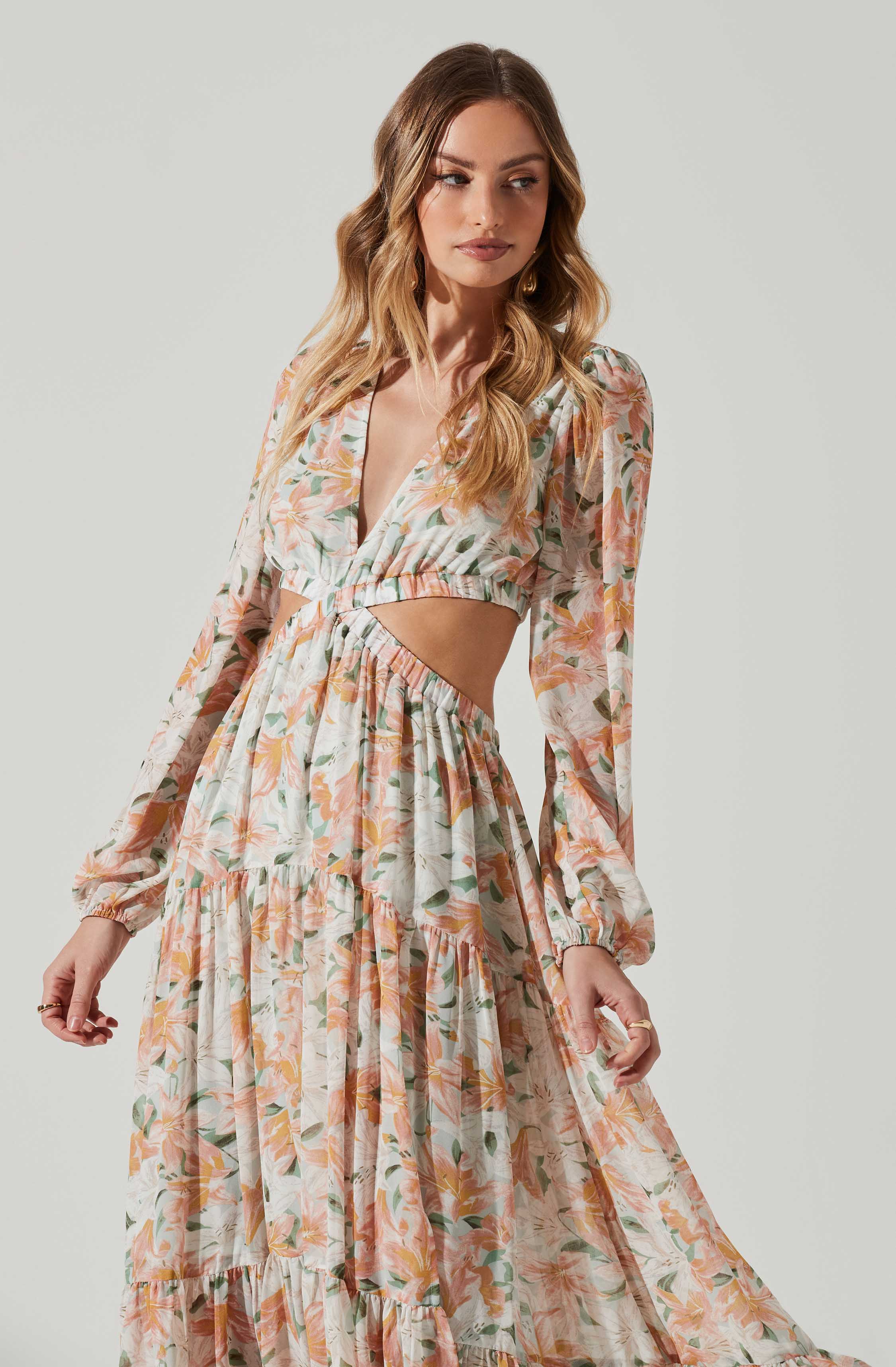 Lively Floral Cutout Long Sleeve Maxi Dress-Aljck