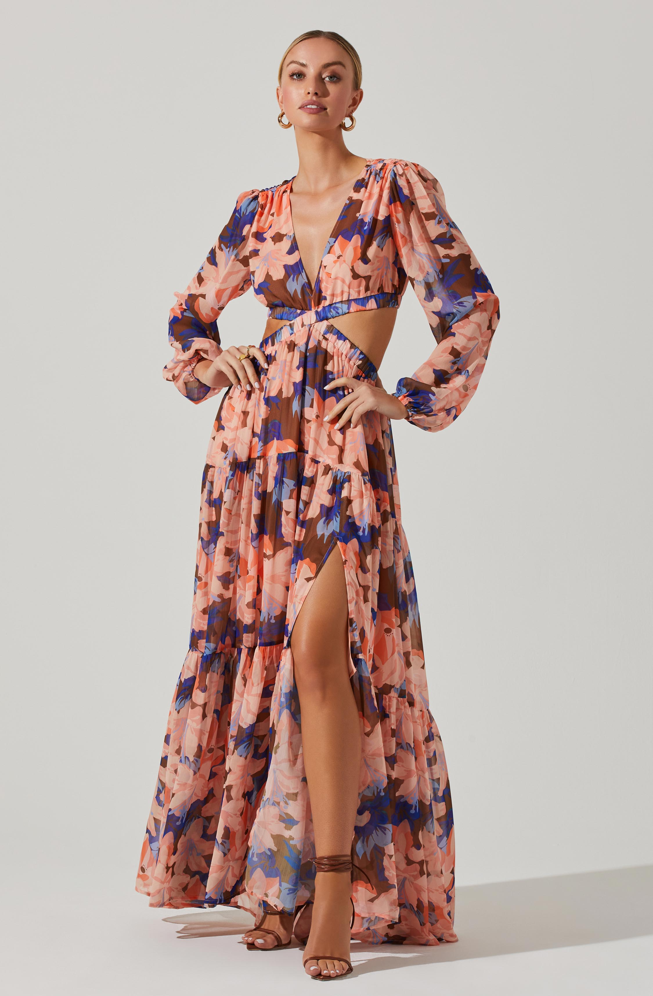 Lively Floral Cutout Long Sleeve Maxi Dress-Aljck