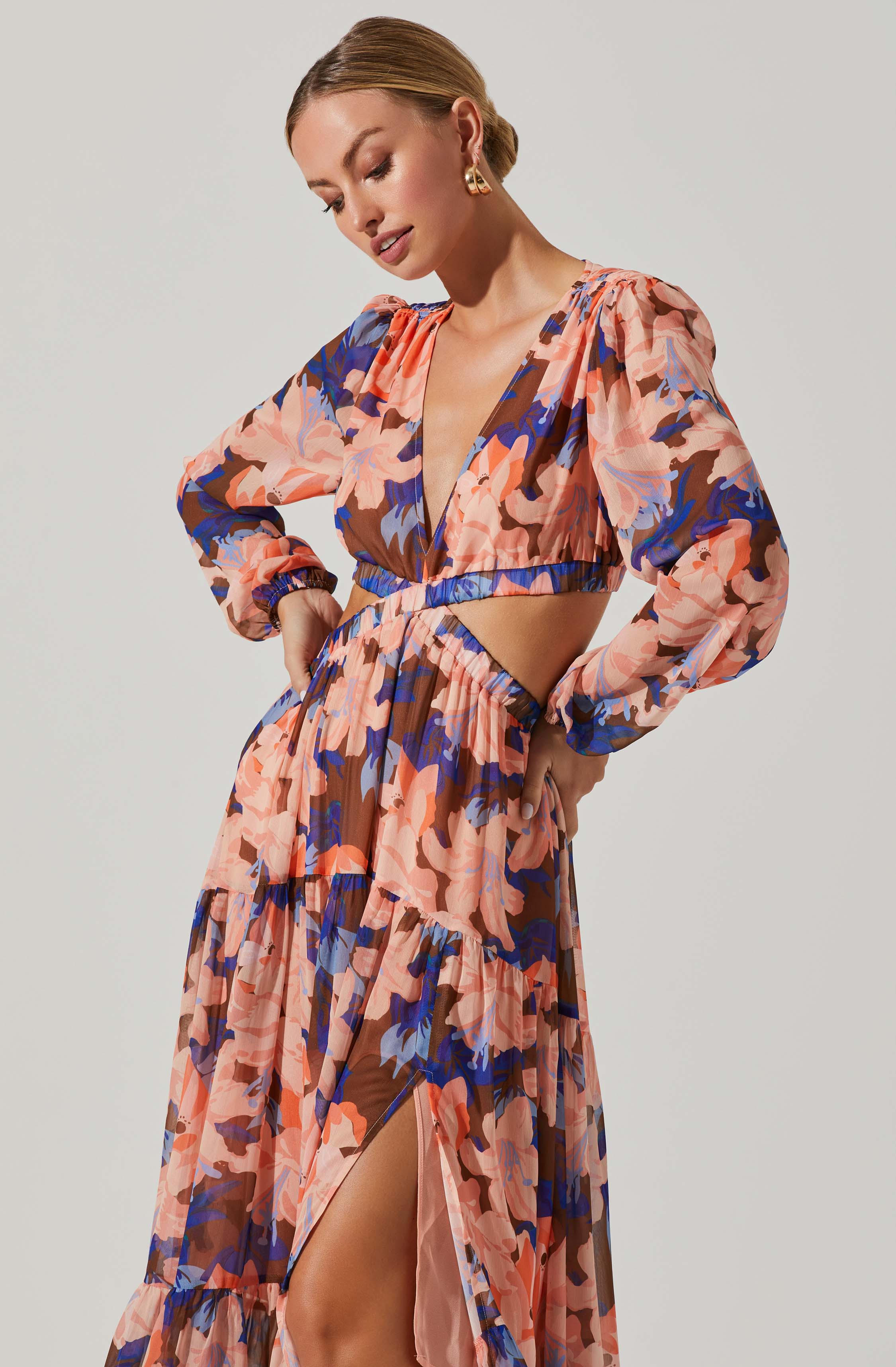 Lively Floral Cutout Long Sleeve Maxi Dress-Aljck