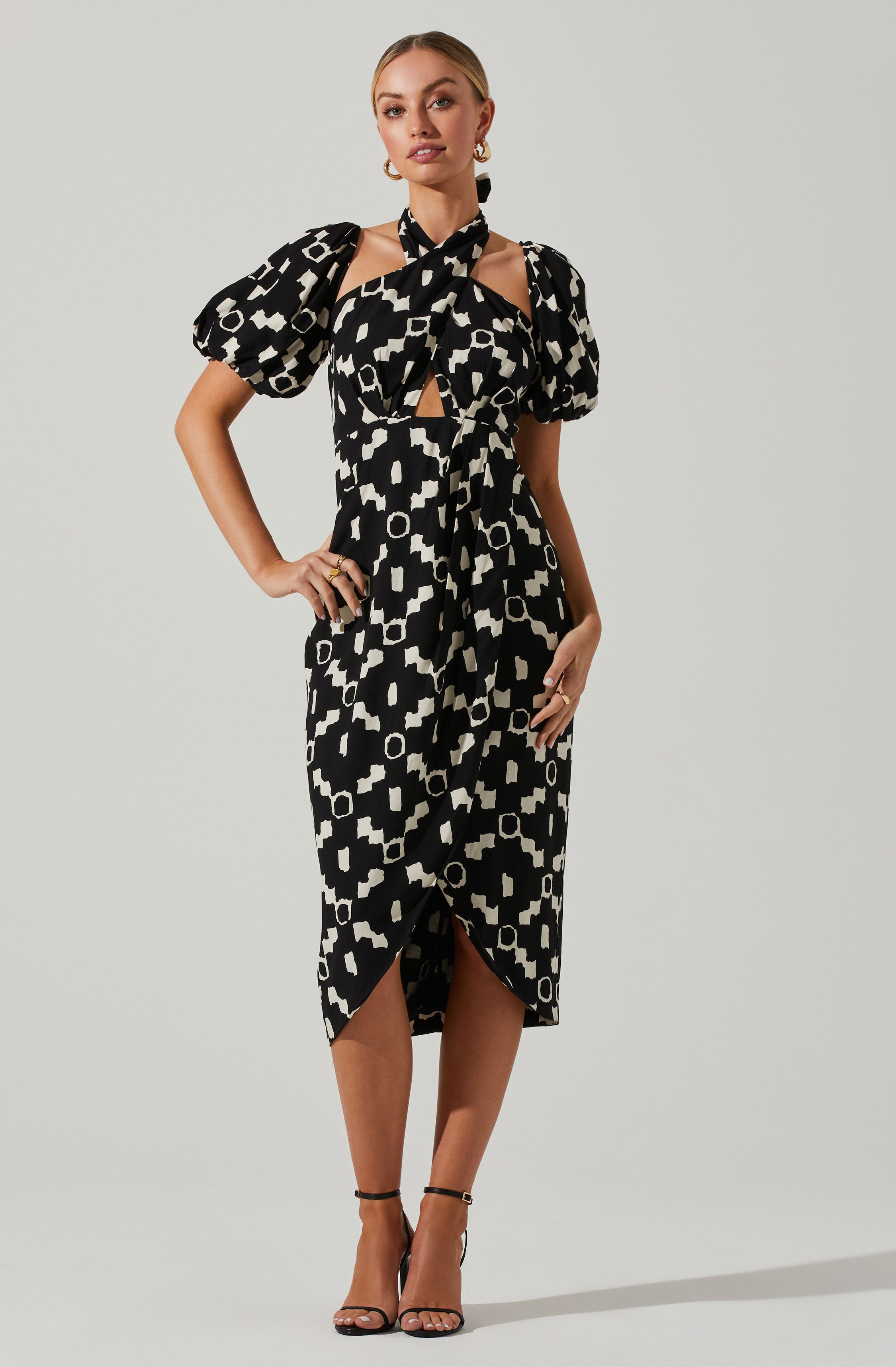 Hailey Geo Print Halter Midi Dress-Aljck