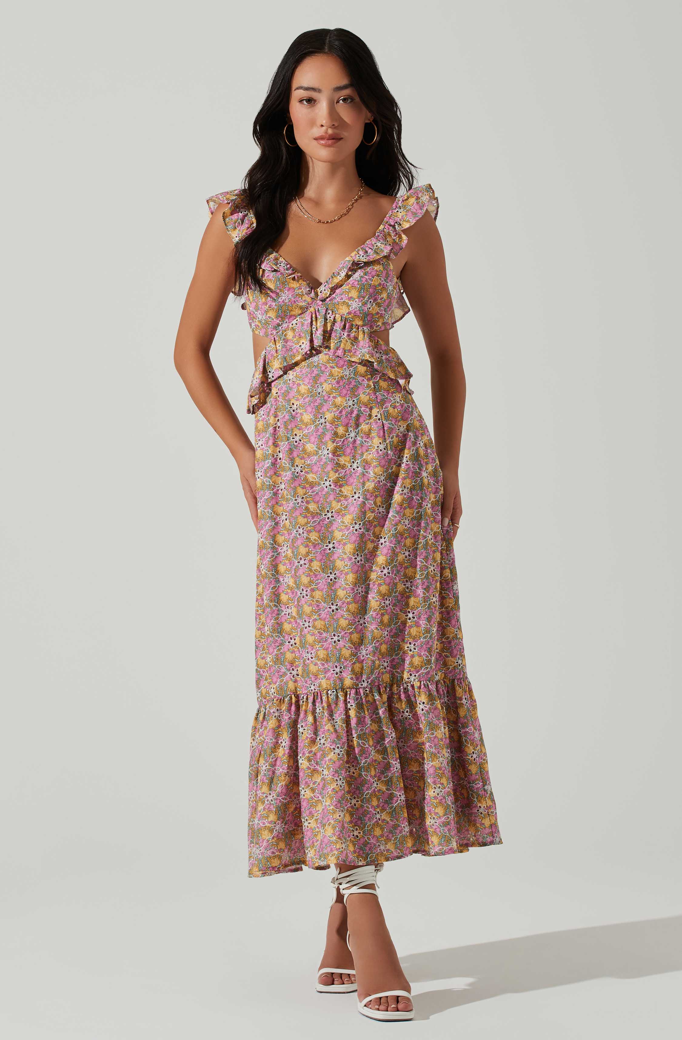 Olivette Floral Ruffle Midi Dress-Aljck