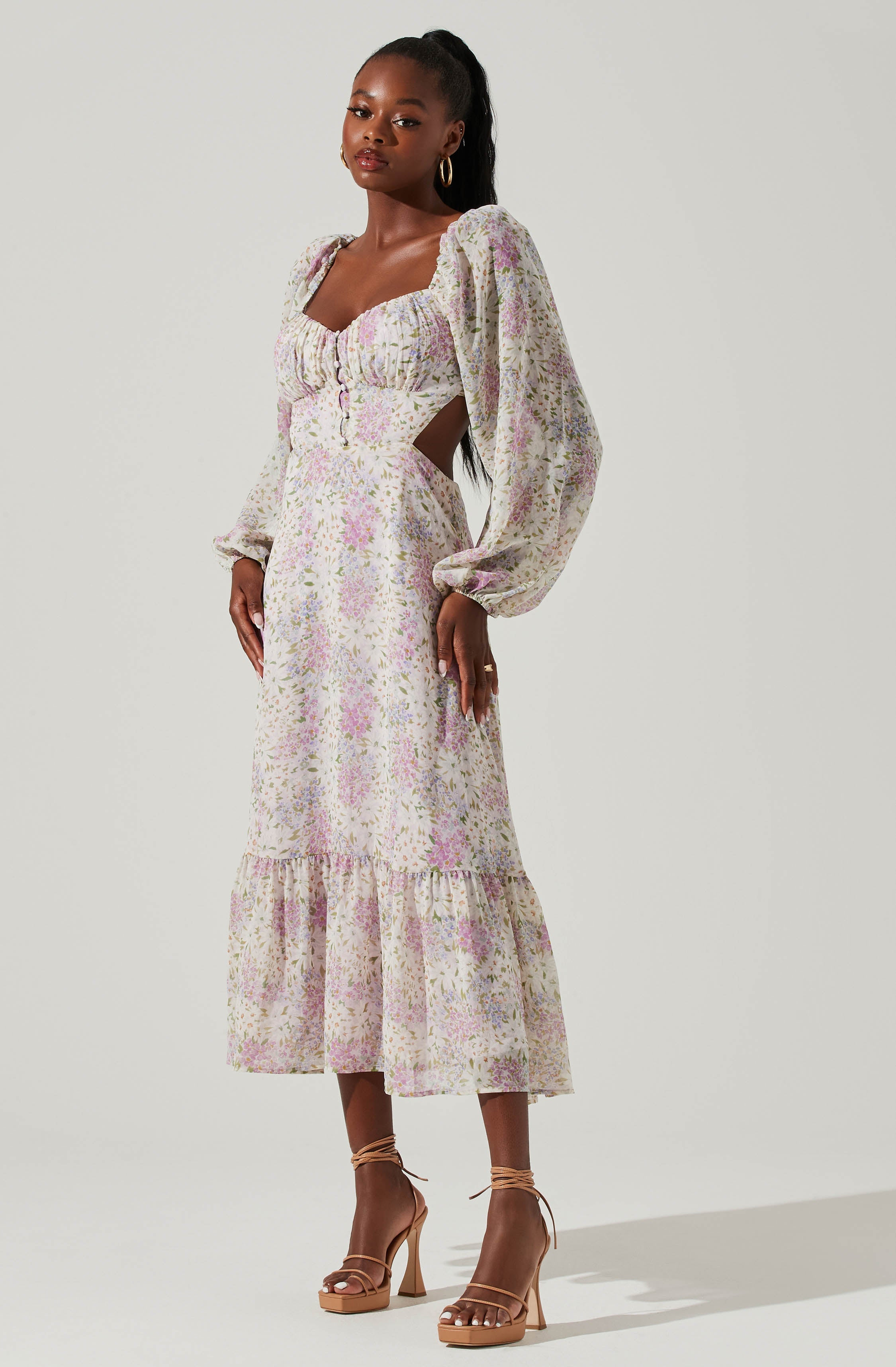 Shayla Floral Cutout Long Sleeve Midi Dress-Aljck