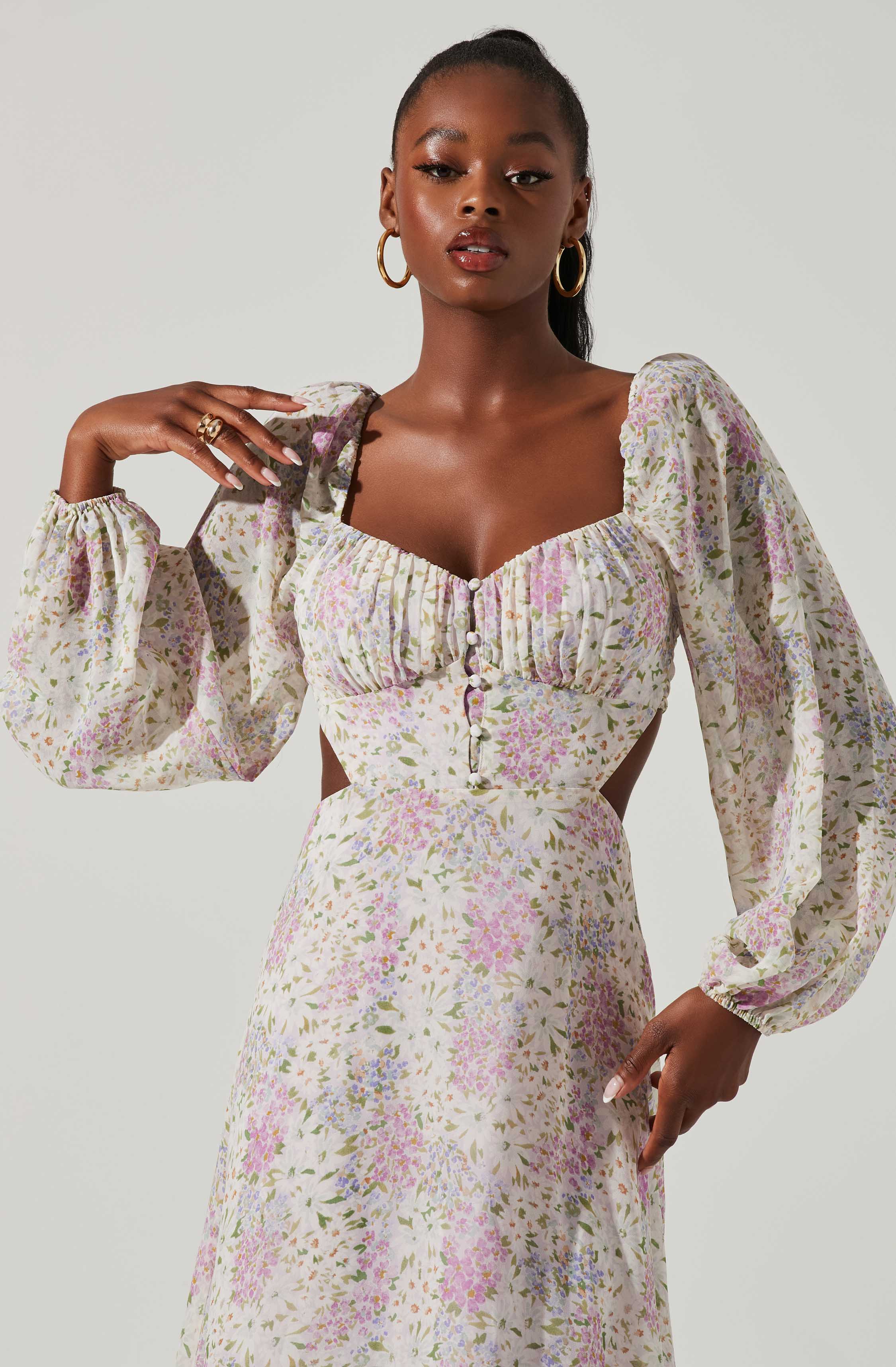 Shayla Floral Cutout Long Sleeve Midi Dress-Aljck