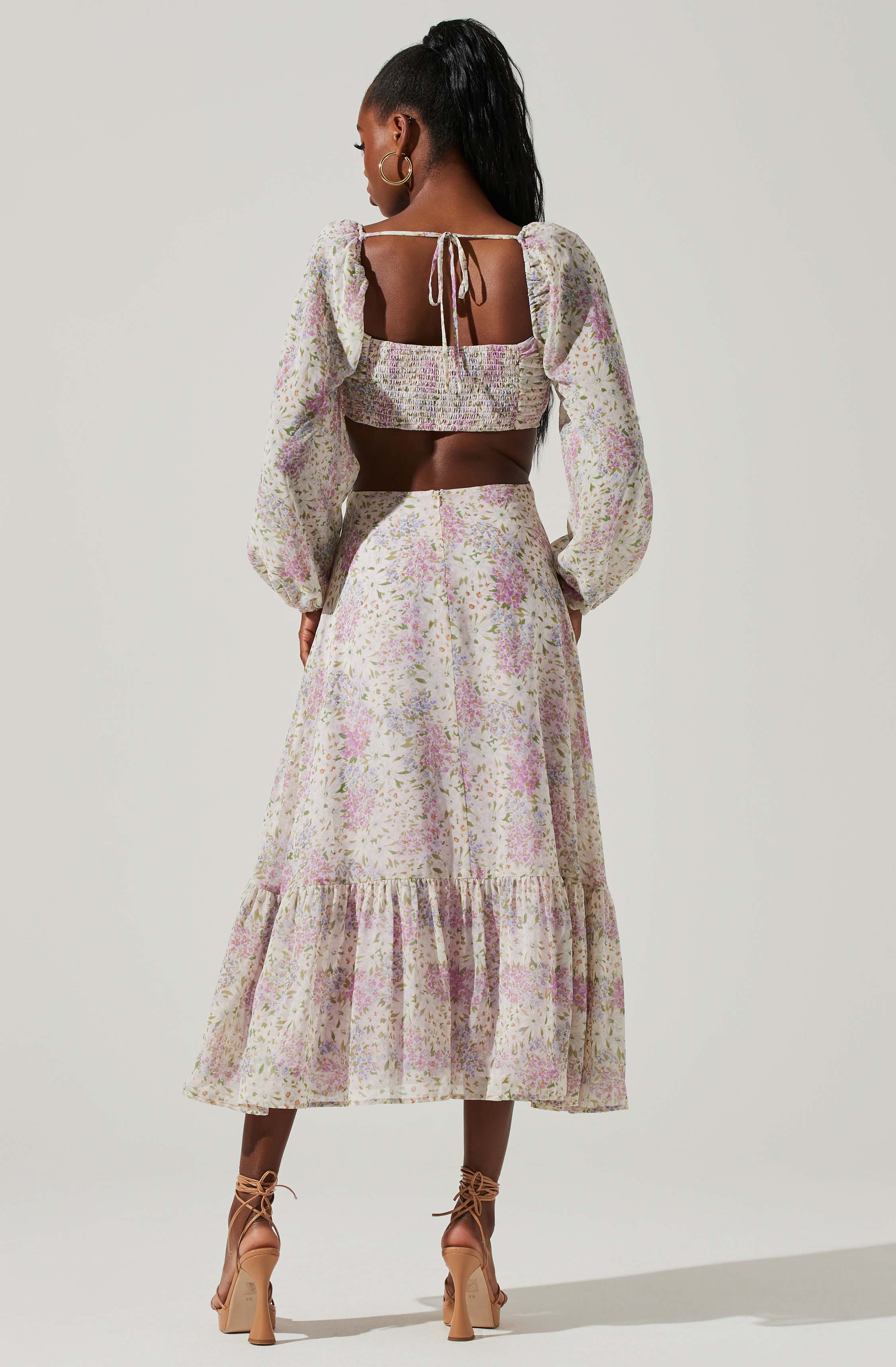 Shayla Floral Cutout Long Sleeve Midi Dress-Aljck