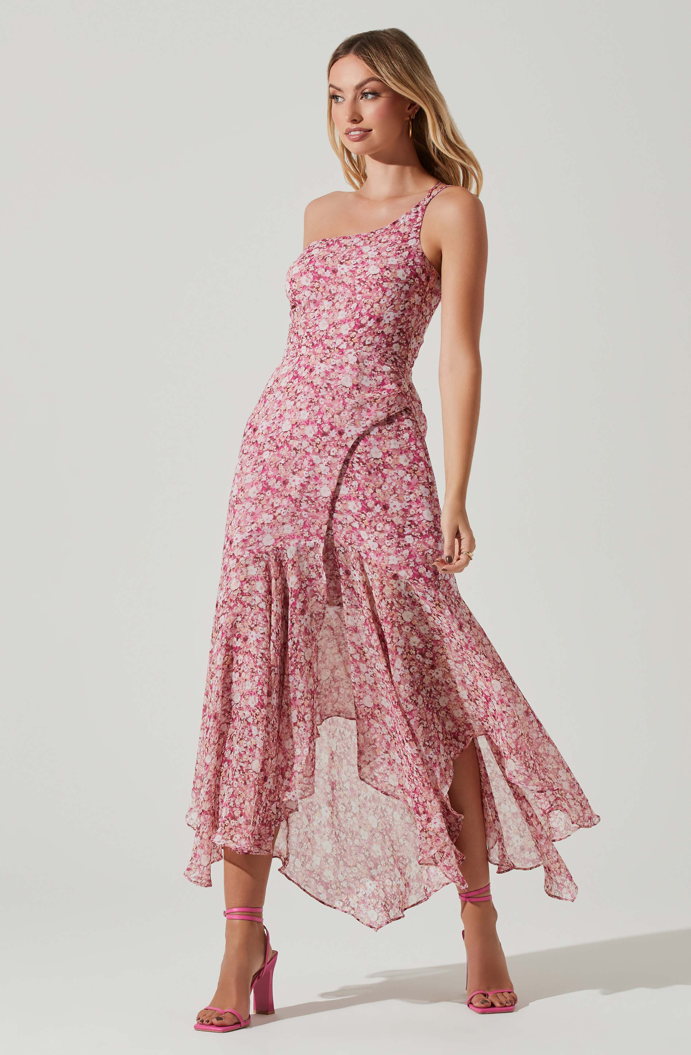 Malvina One Shoulder Floral Midi Dress-Aljck