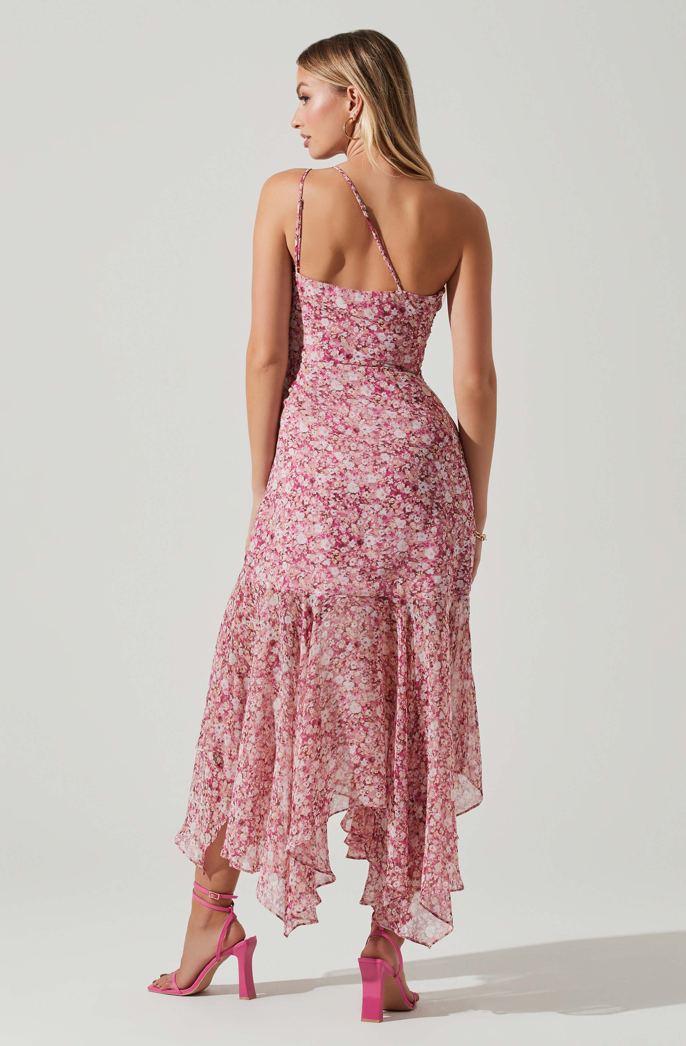 Malvina One Shoulder Floral Midi Dress-Aljck