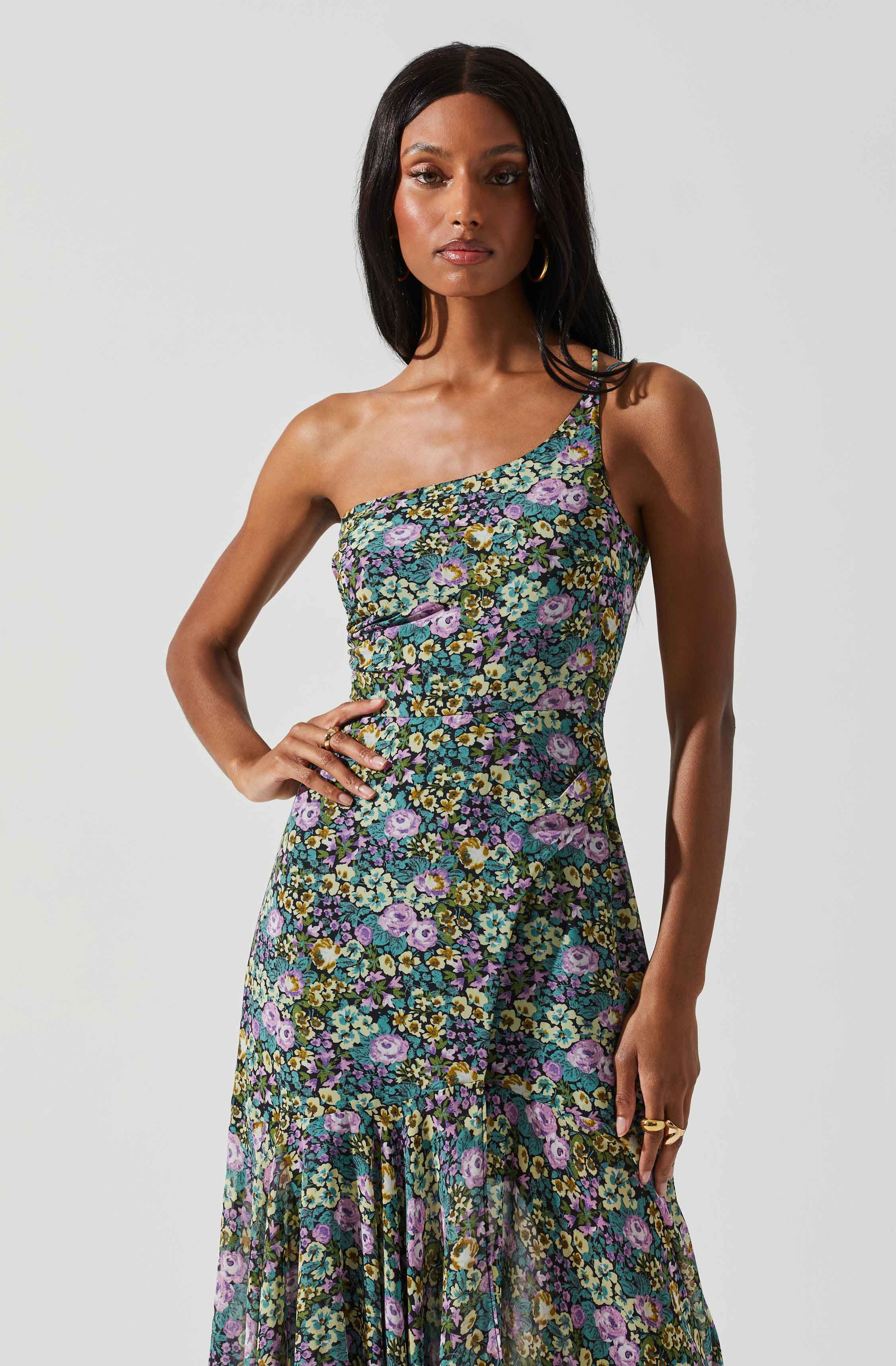 Malvina One Shoulder Floral Midi Dress-Aljck