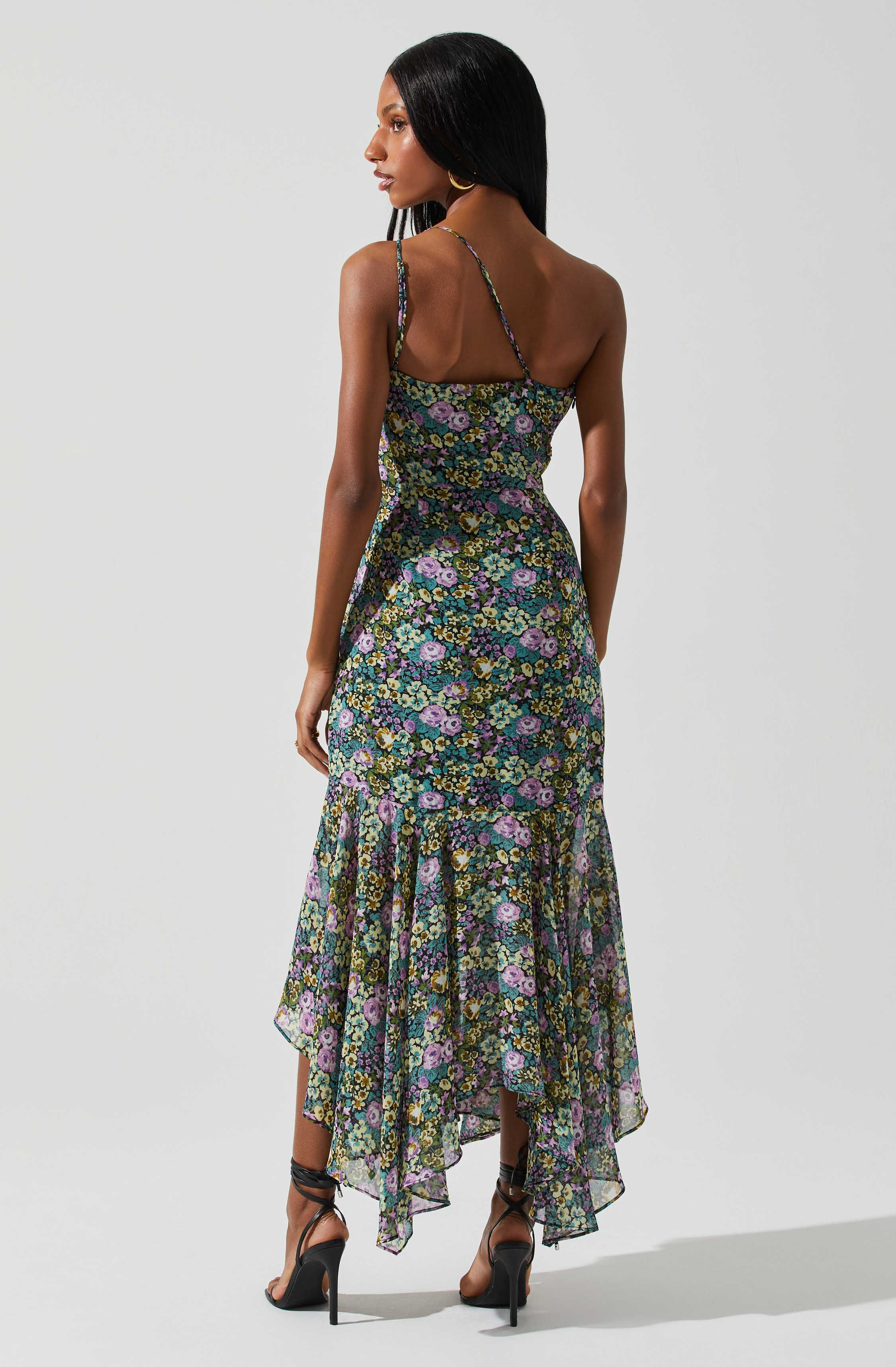 Malvina One Shoulder Floral Midi Dress-Aljck