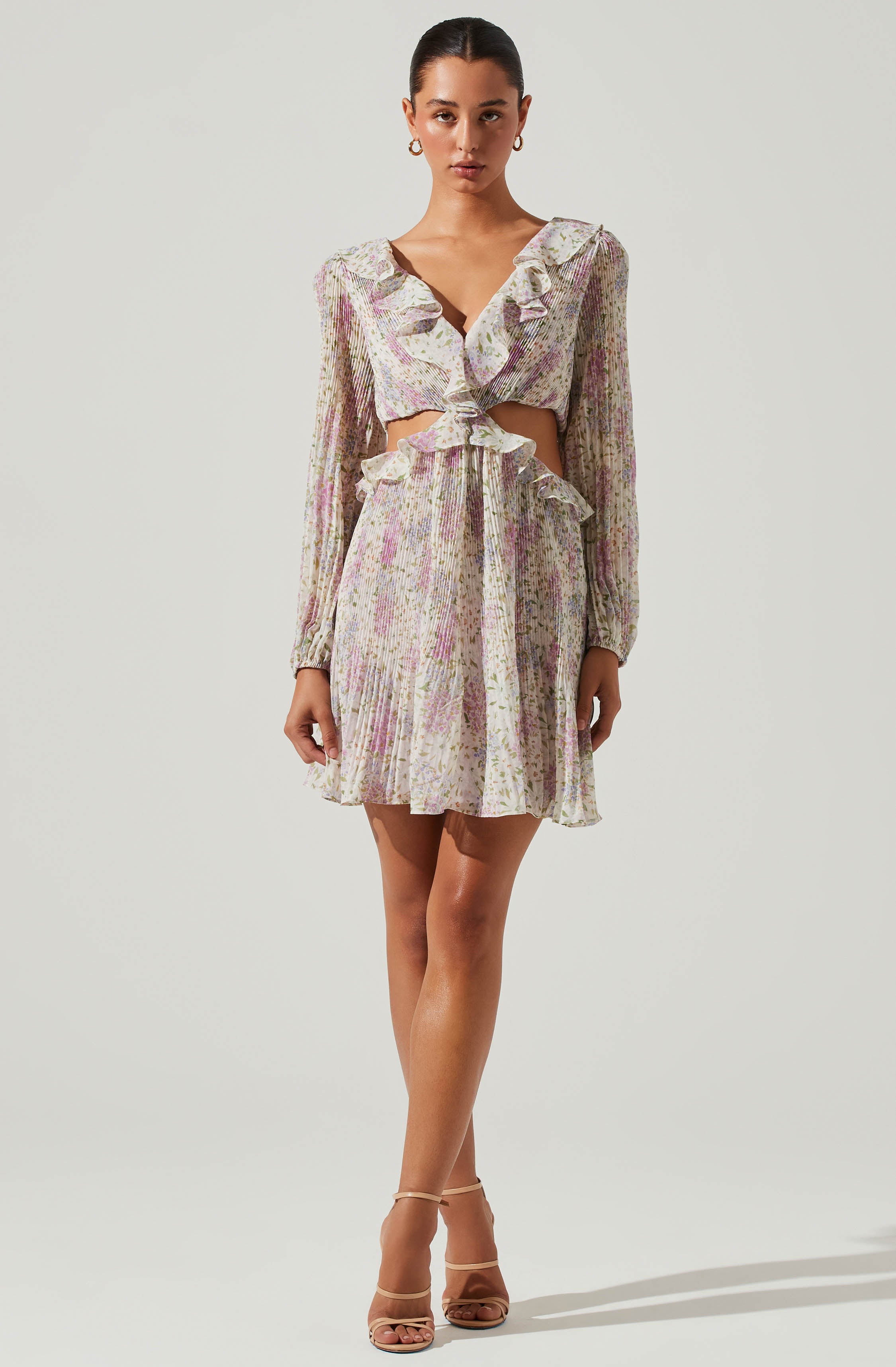 Marcy Floral Pleated Cutout Mini Dress-Aljck