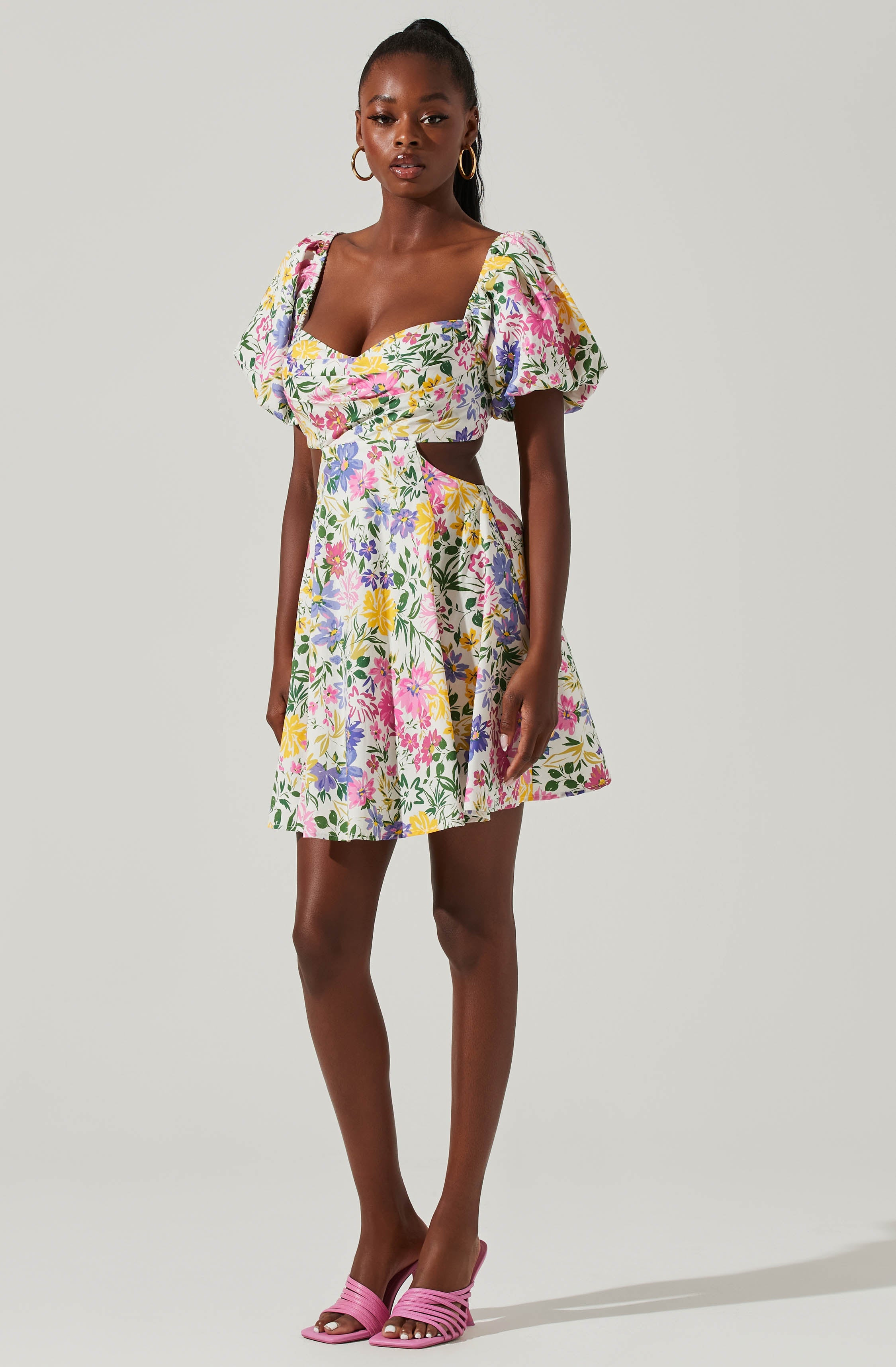 Clarita Floral Cutout Puff Sleeve Mini Dress-Aljck