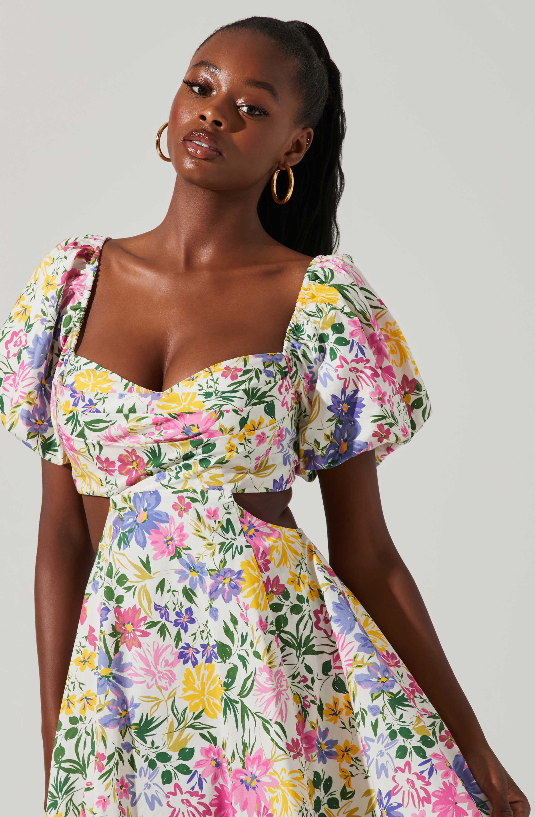 Clarita Floral Cutout Puff Sleeve Mini Dress-Aljck