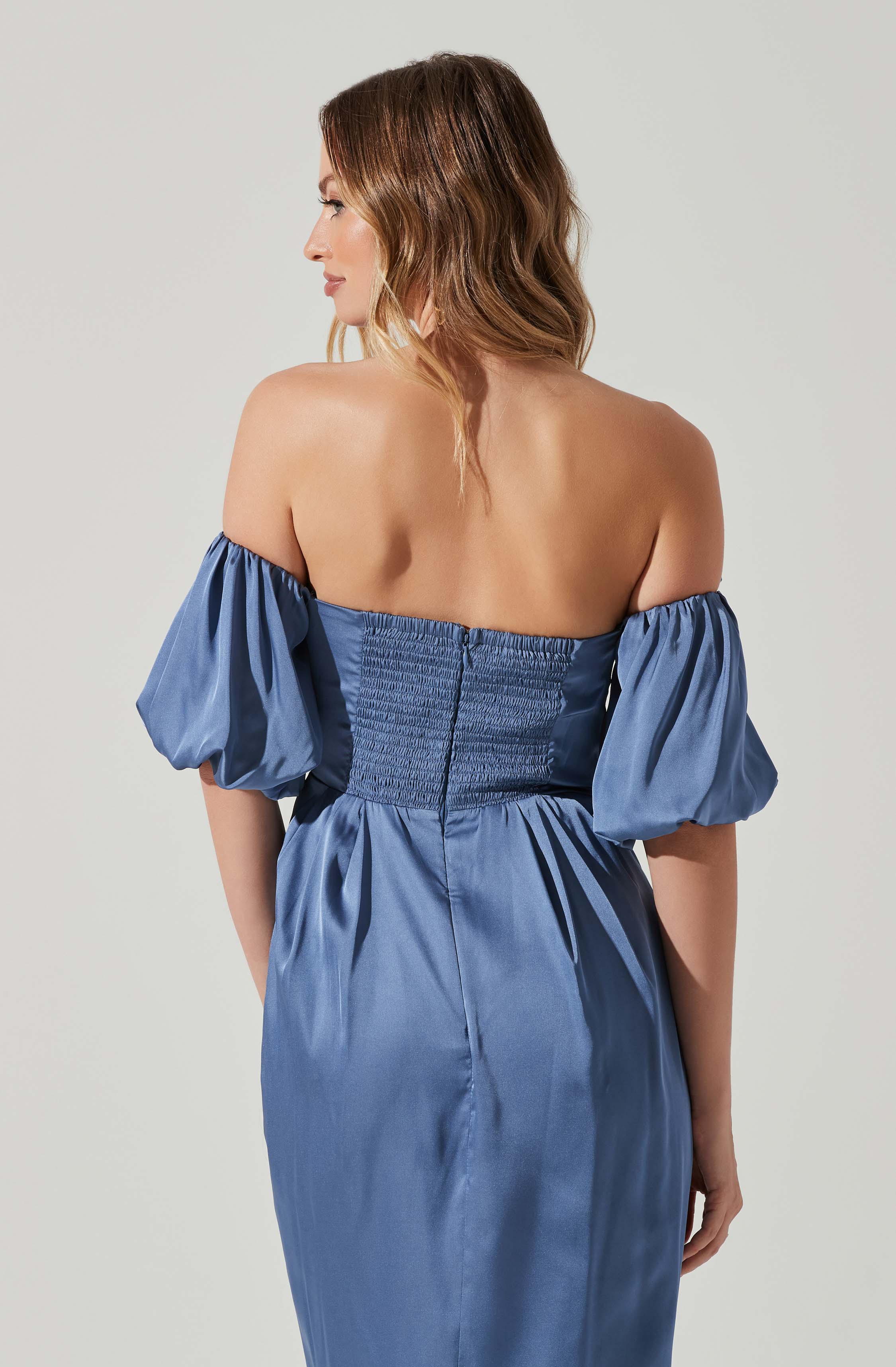 Zurina Off Shoulder Puff Sleeve Midi Dress-Aljck