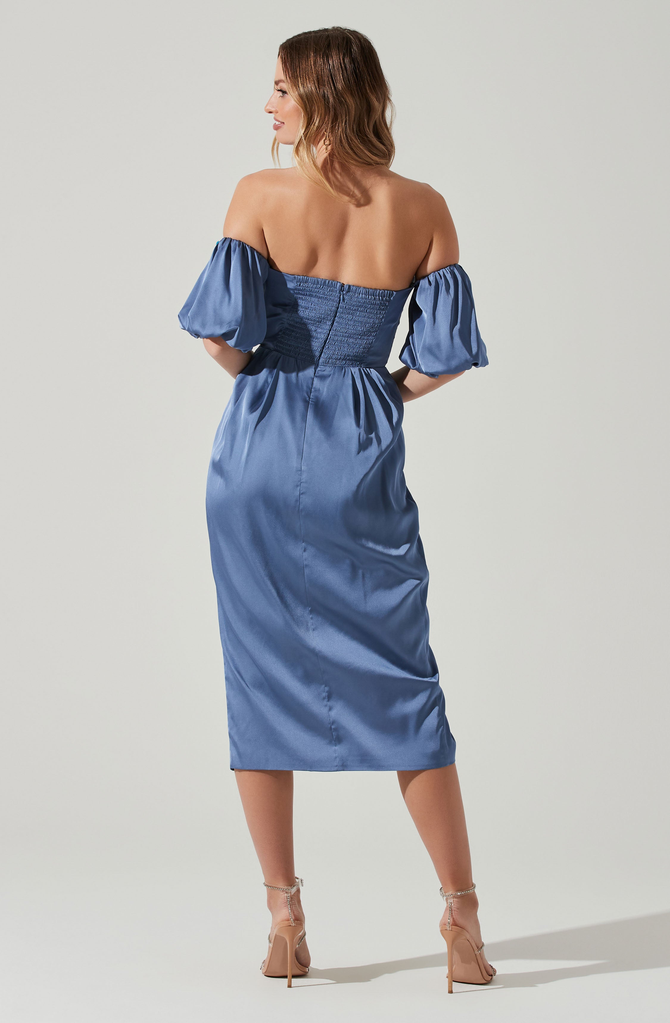 Zurina Off Shoulder Puff Sleeve Midi Dress-Aljck