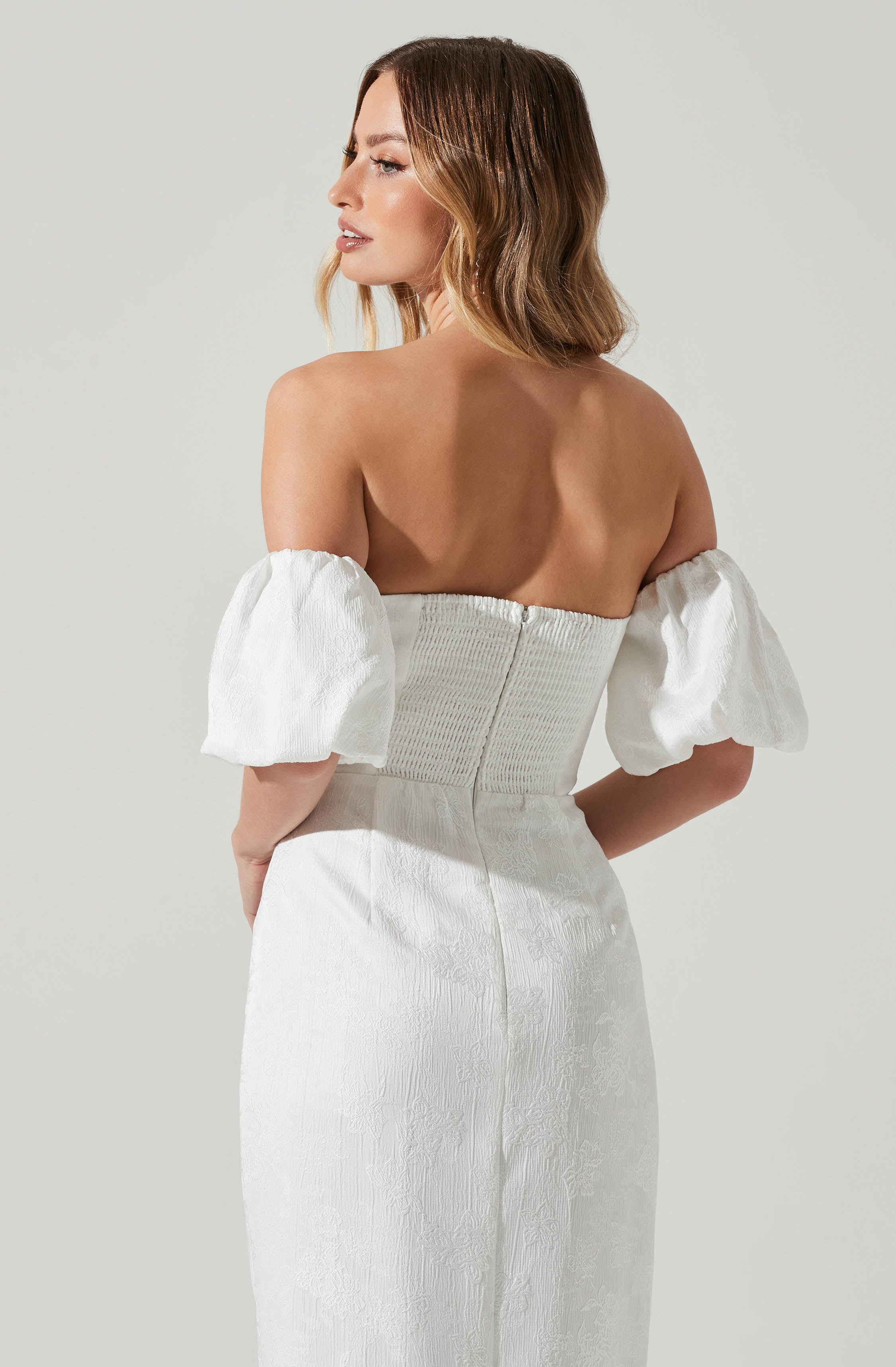 Zurina Off Shoulder Puff Sleeve Midi Dress-Aljck