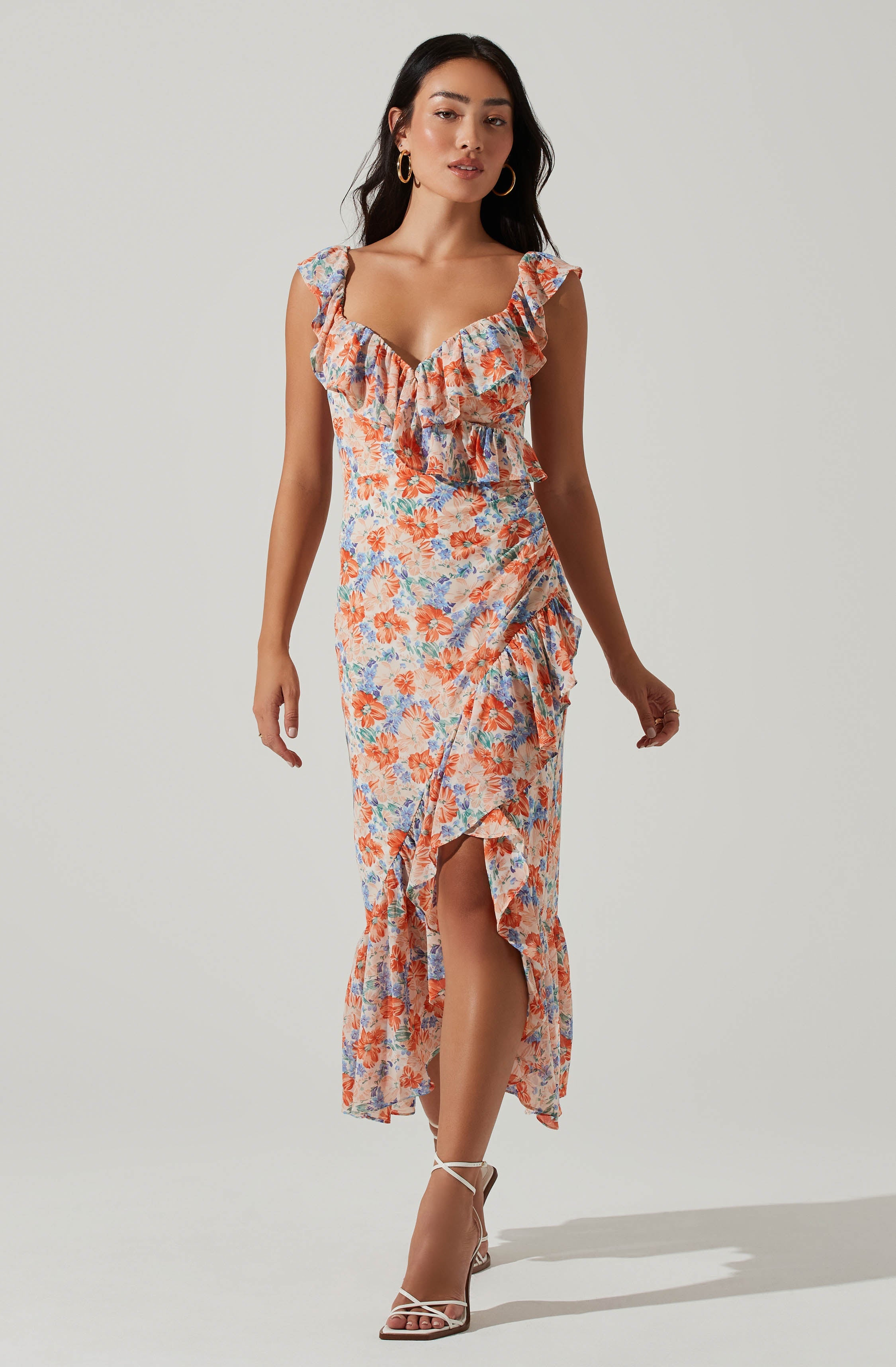 Mahalia Floral Sweetheart Ruffle Midi Dress-Aljck