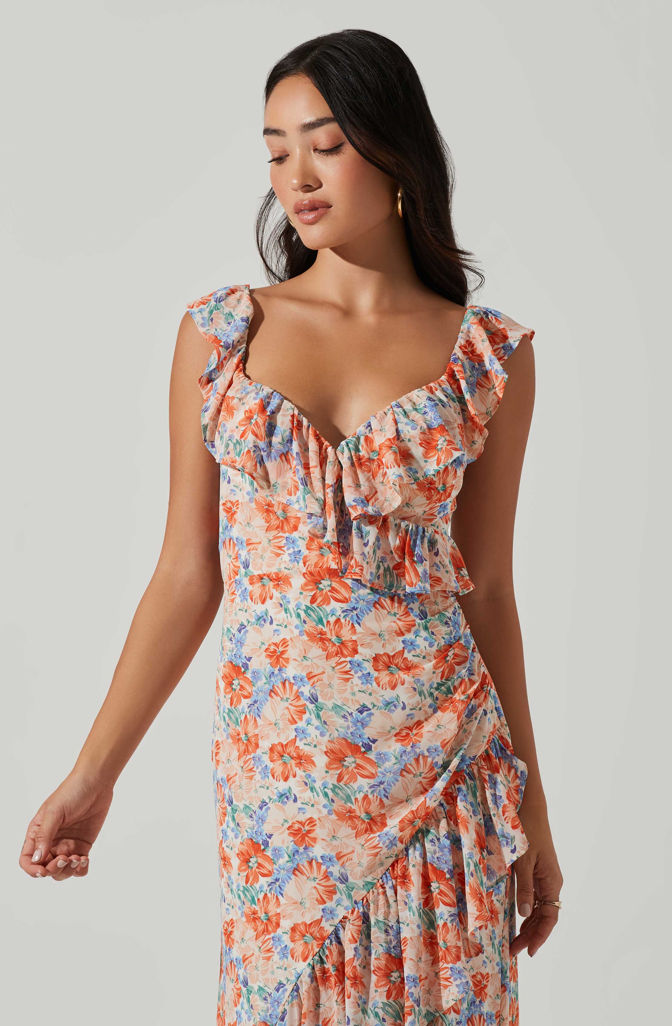 Mahalia Floral Sweetheart Ruffle Midi Dress-Aljck