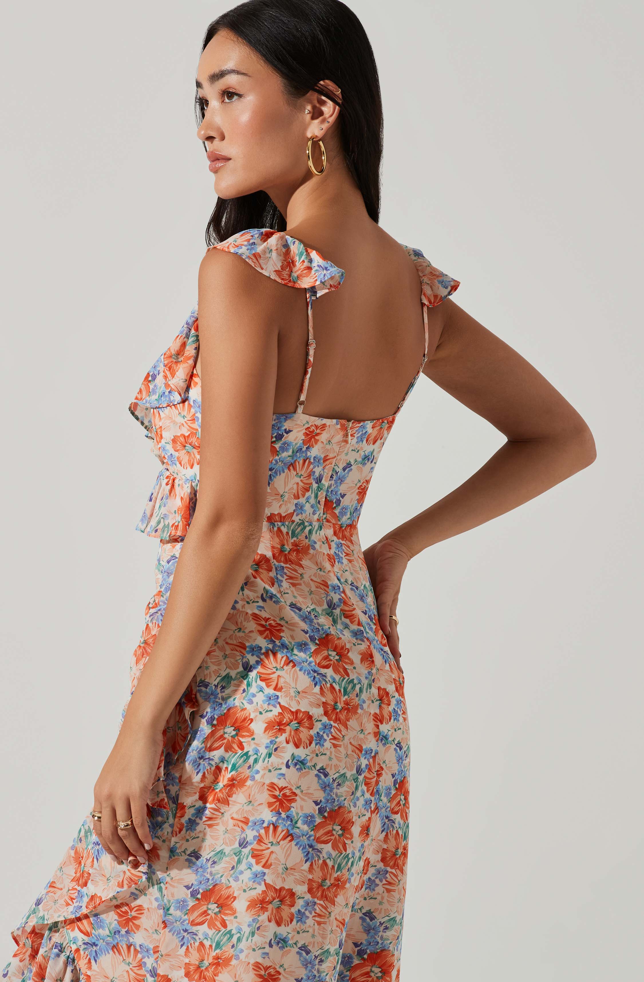 Mahalia Floral Sweetheart Ruffle Midi Dress-Aljck