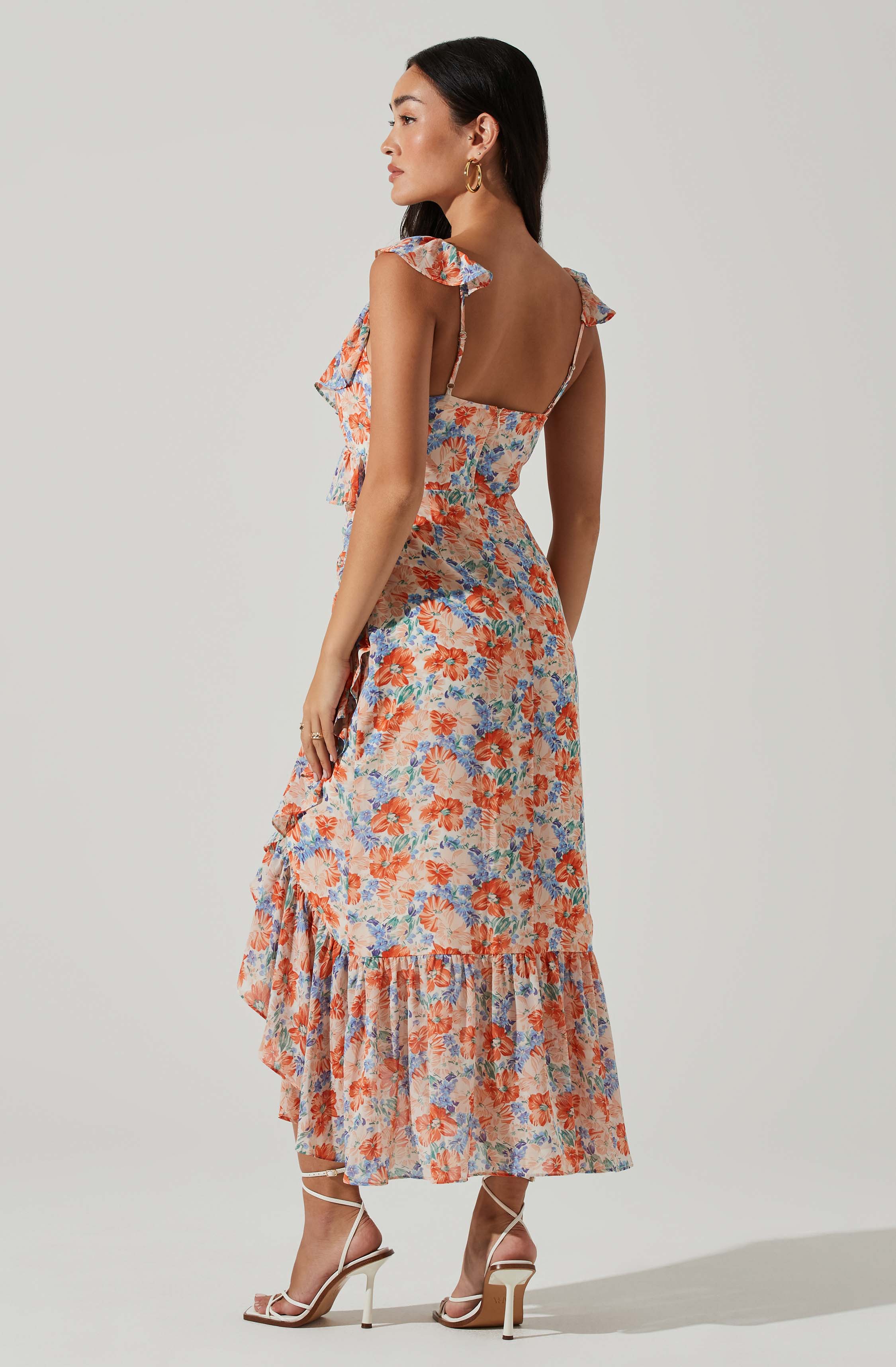Mahalia Floral Sweetheart Ruffle Midi Dress-Aljck
