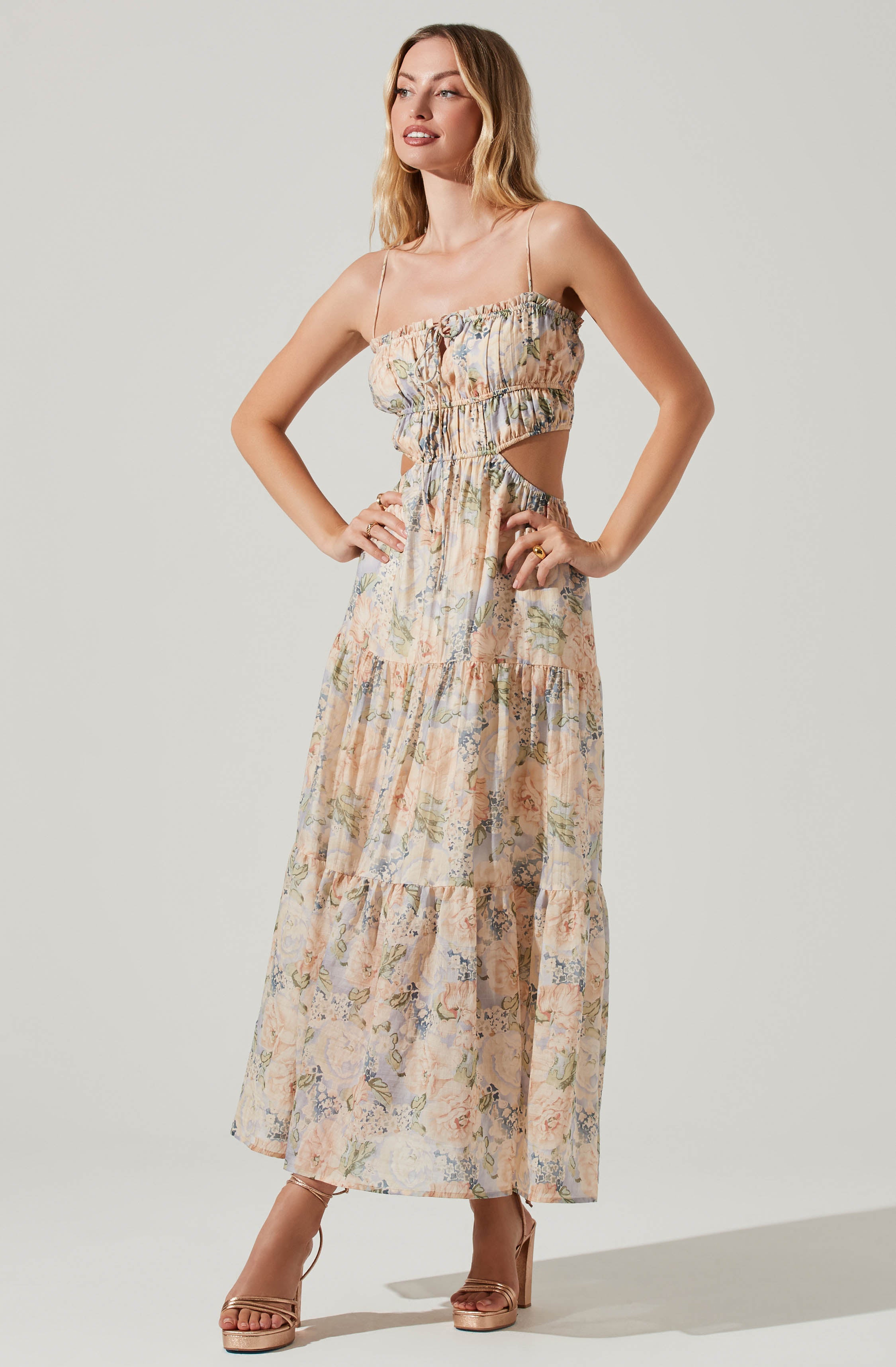 Odina Floral Smocked Tiered Midi Dress-Aljck