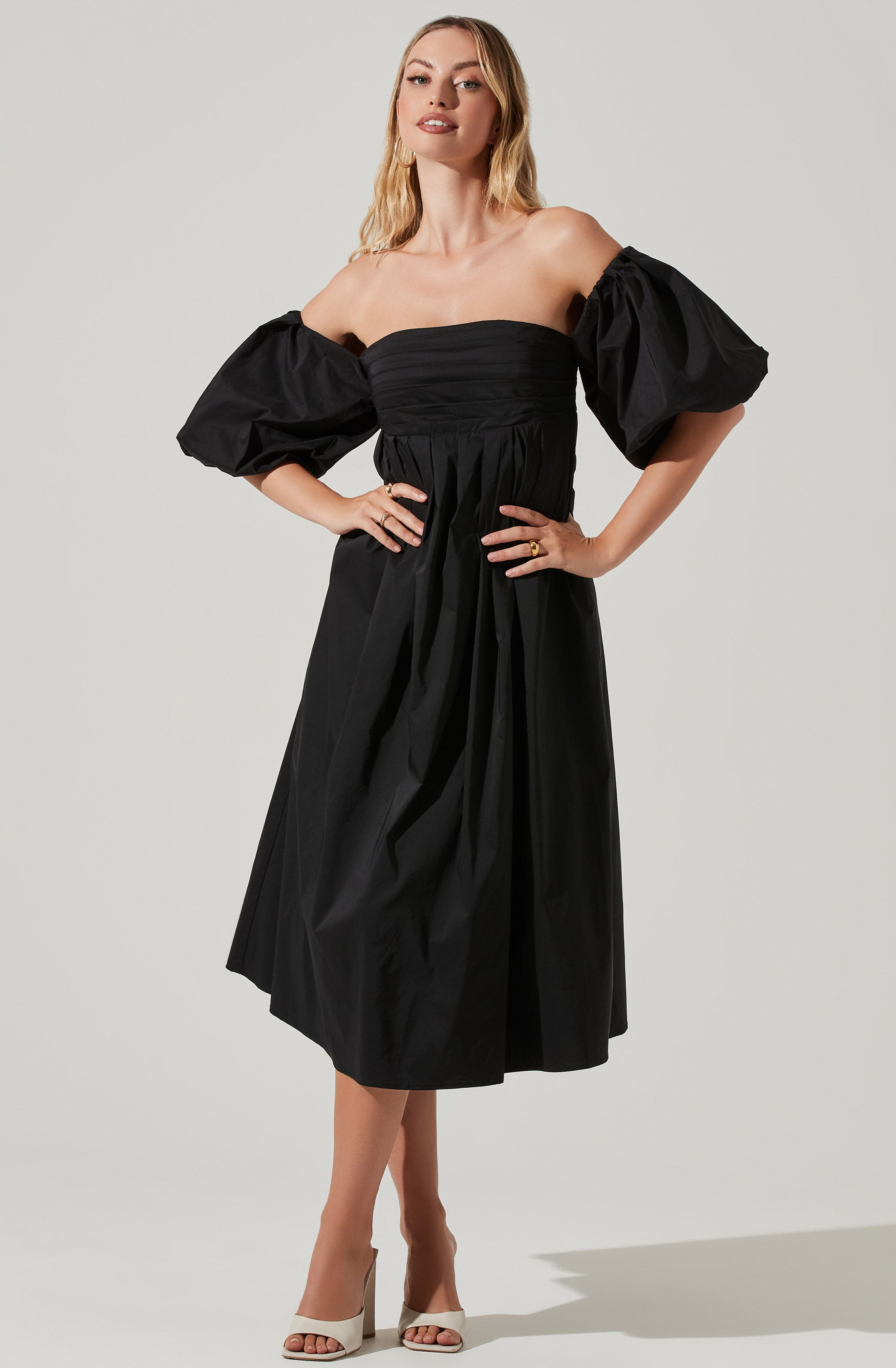 Carlin Off Shoulder Puff Sleeve Midi Dress-Aljck