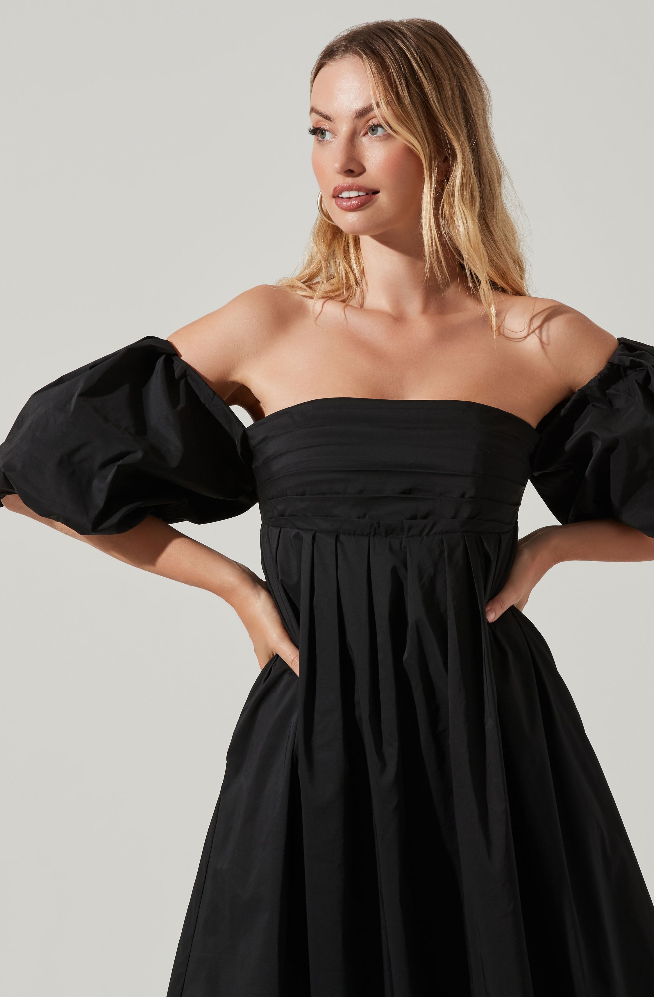 Carlin Off Shoulder Puff Sleeve Midi Dress-Aljck