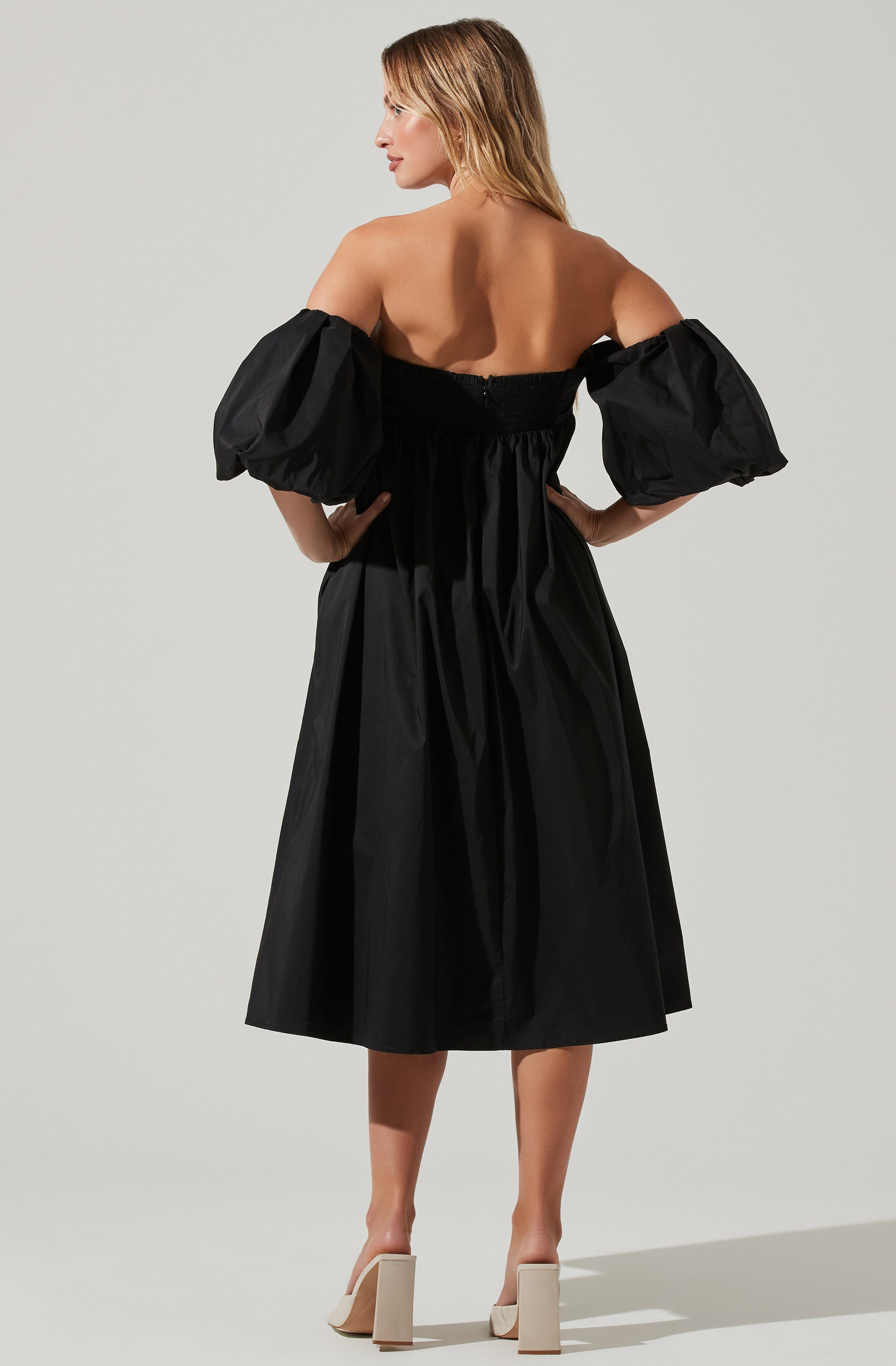 Carlin Off Shoulder Puff Sleeve Midi Dress-Aljck
