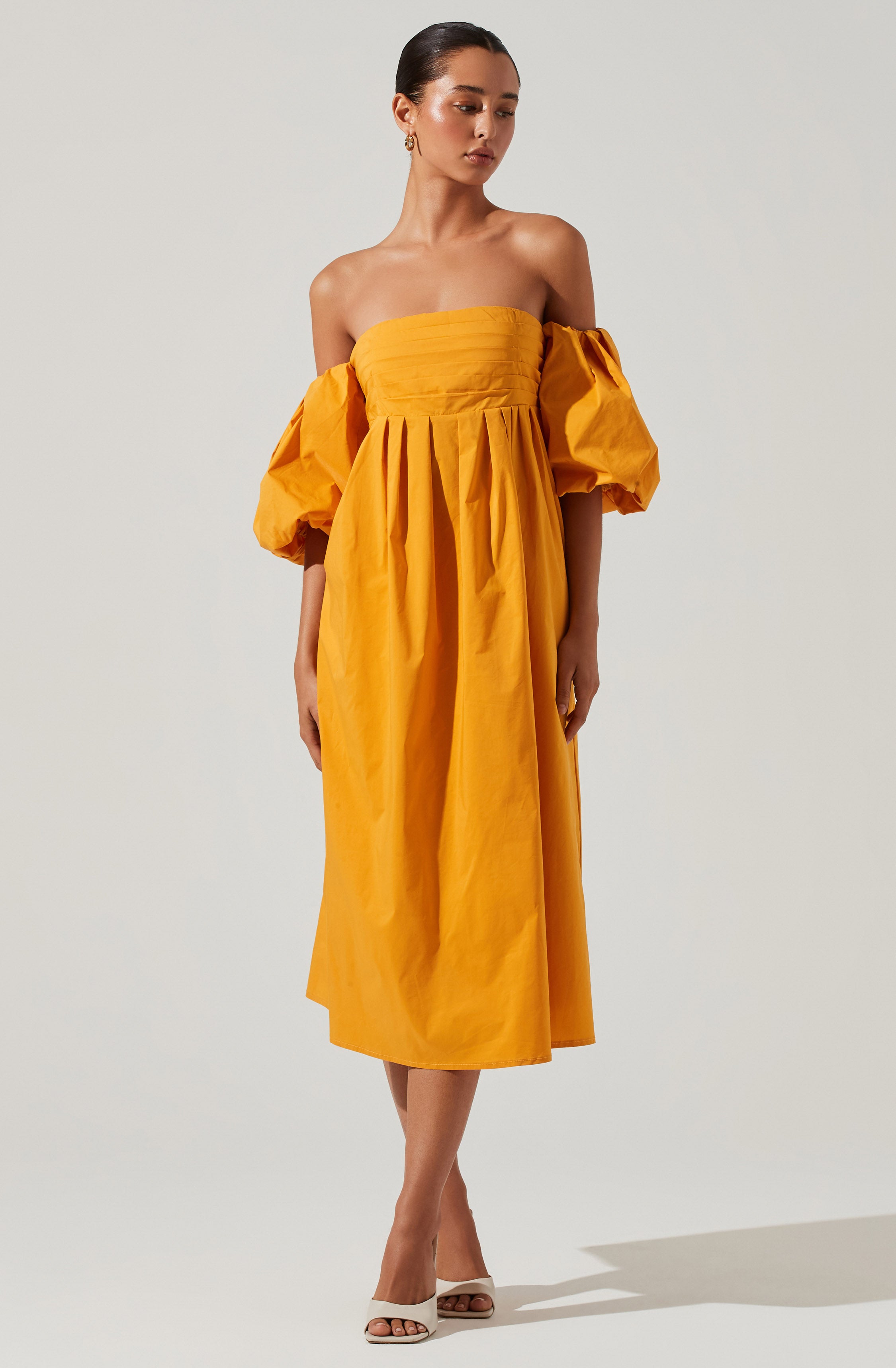 Carlin Off Shoulder Puff Sleeve Midi Dress-Aljck