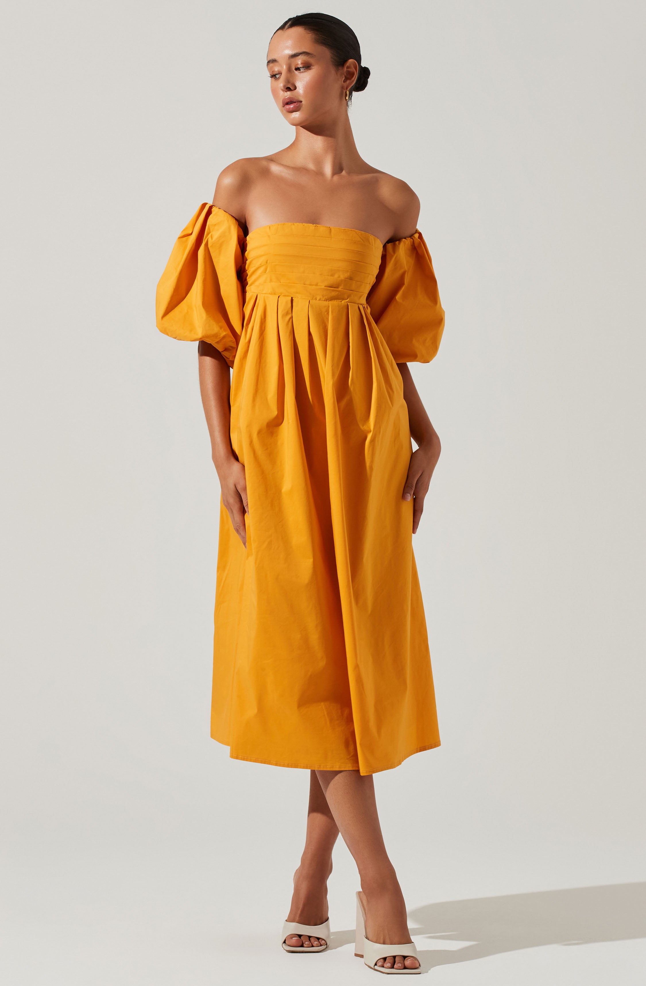 Carlin Off Shoulder Puff Sleeve Midi Dress-Aljck