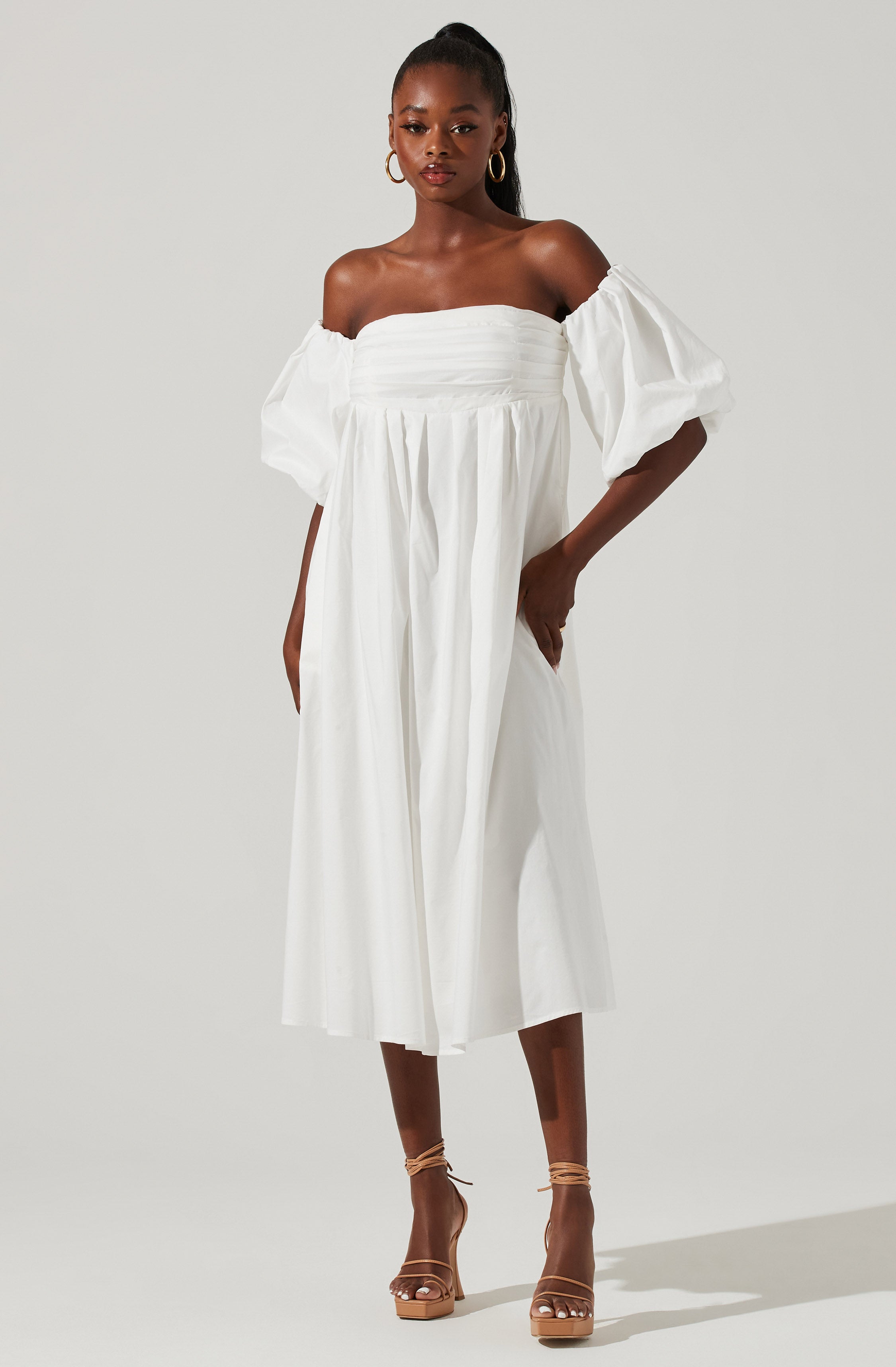 Carlin Off Shoulder Puff Sleeve Midi Dress-Aljck